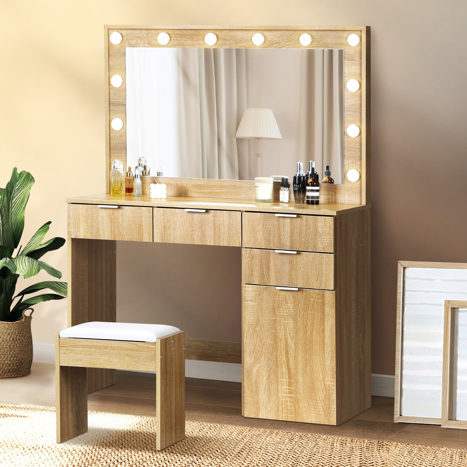Oikiture Dressing Table Stool Set Makeup Large Mirror Dresser 12 LED Bulbs Oak - Sunyee