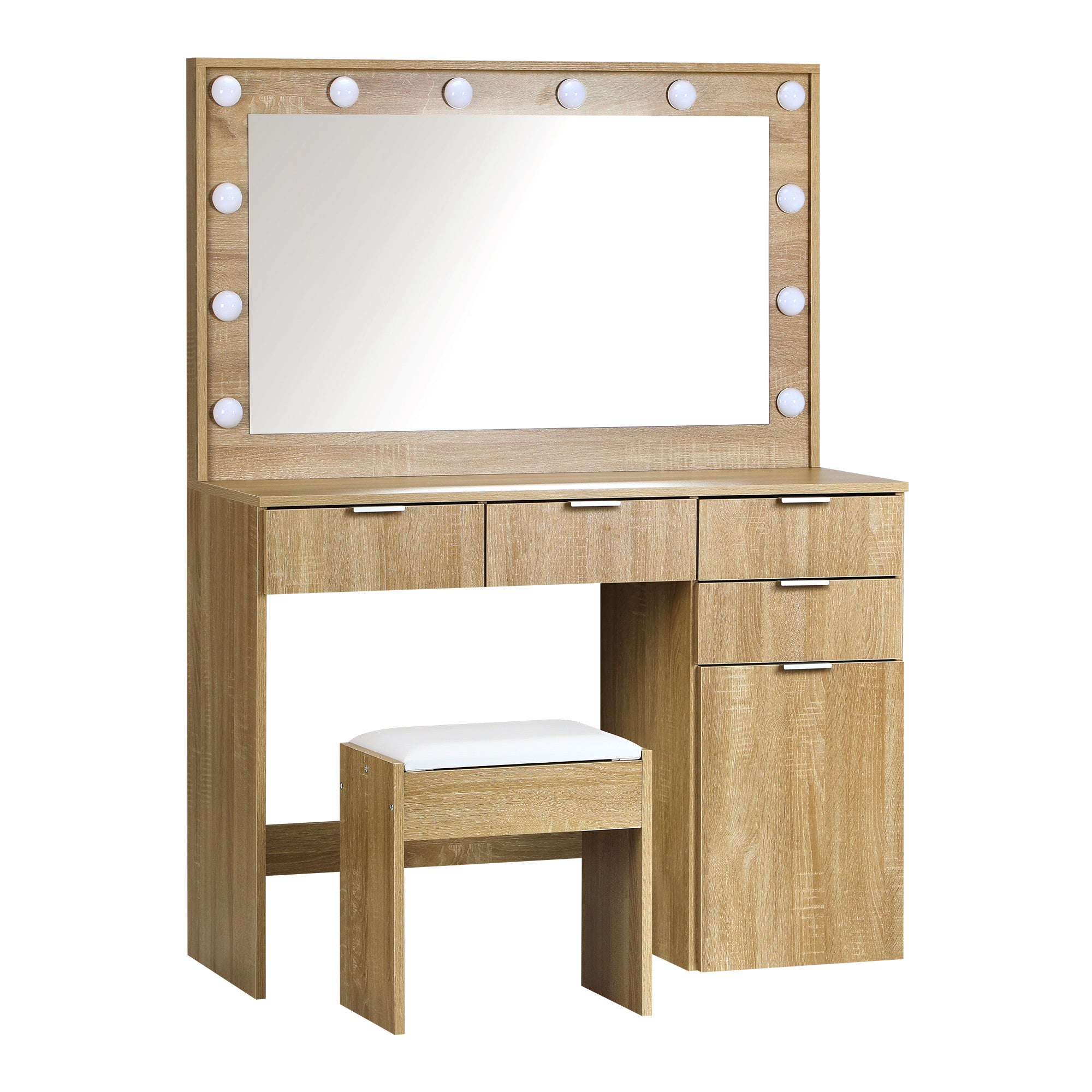 Oikiture Dressing Table Stool Set Makeup Large Mirror Dresser 12 LED Bulbs Oak - Sunyee