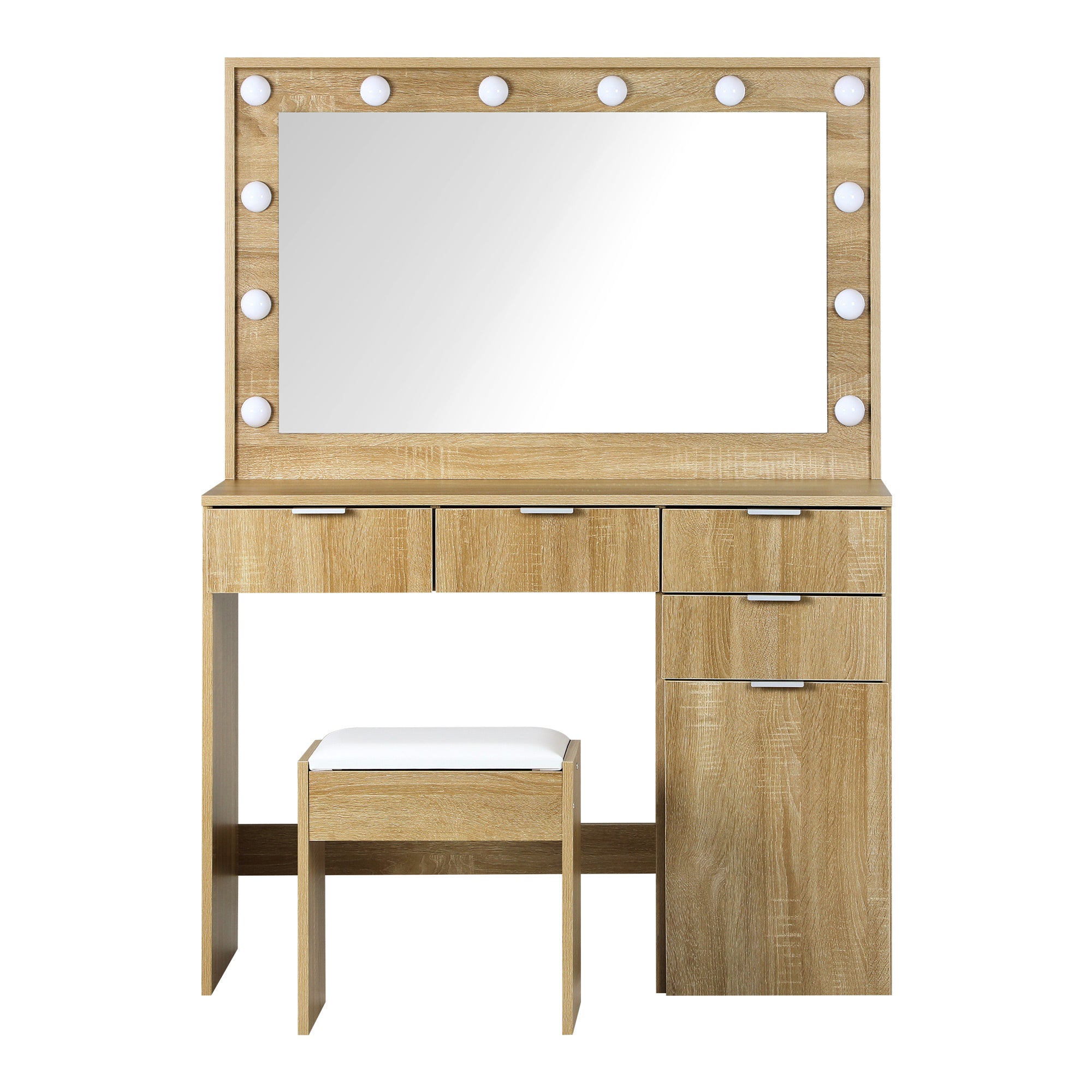Oikiture Dressing Table Stool Set Makeup Large Mirror Dresser 12 LED Bulbs Oak - Sunyee