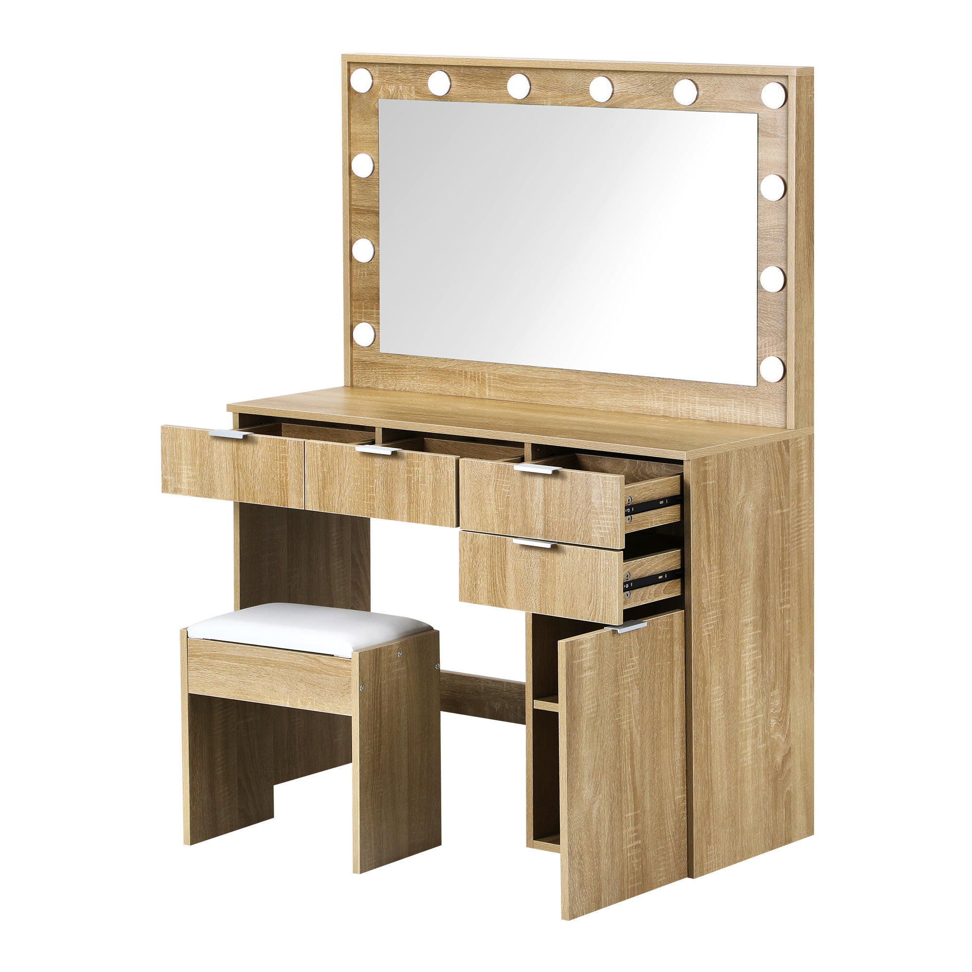 Oikiture Dressing Table Stool Set Makeup Large Mirror Dresser 12 LED Bulbs Oak - Sunyee