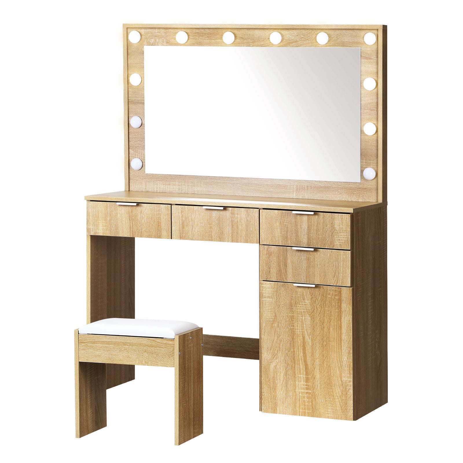 Oikiture Dressing Table Stool Set Makeup Large Mirror Dresser 12 LED Bulbs Oak - Sunyee