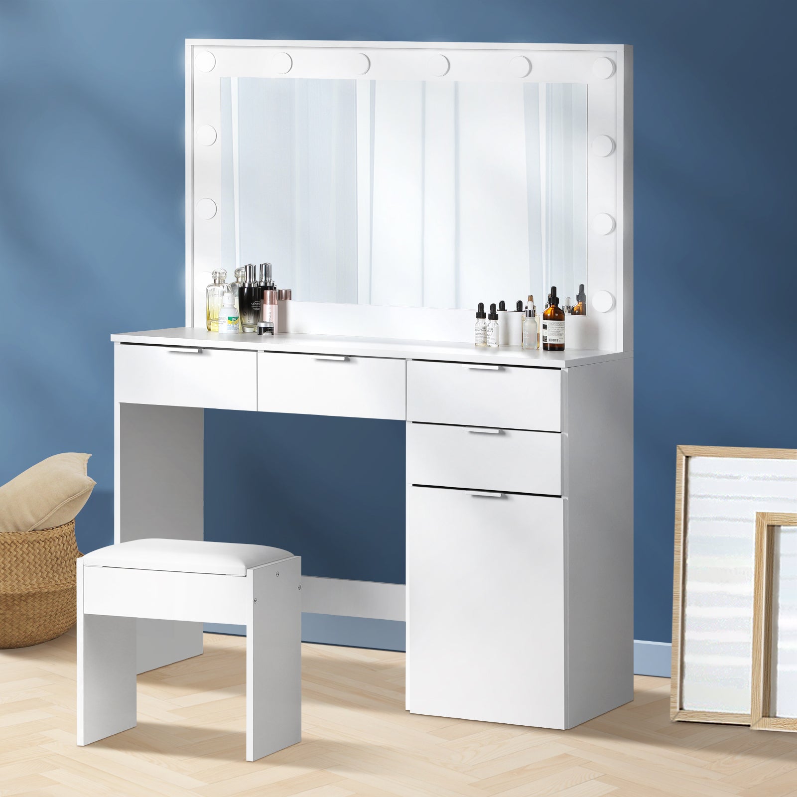 Oikiture Dressing Table Stool Set Makeup Desk Mirror Storage Dresser LED Bulbs