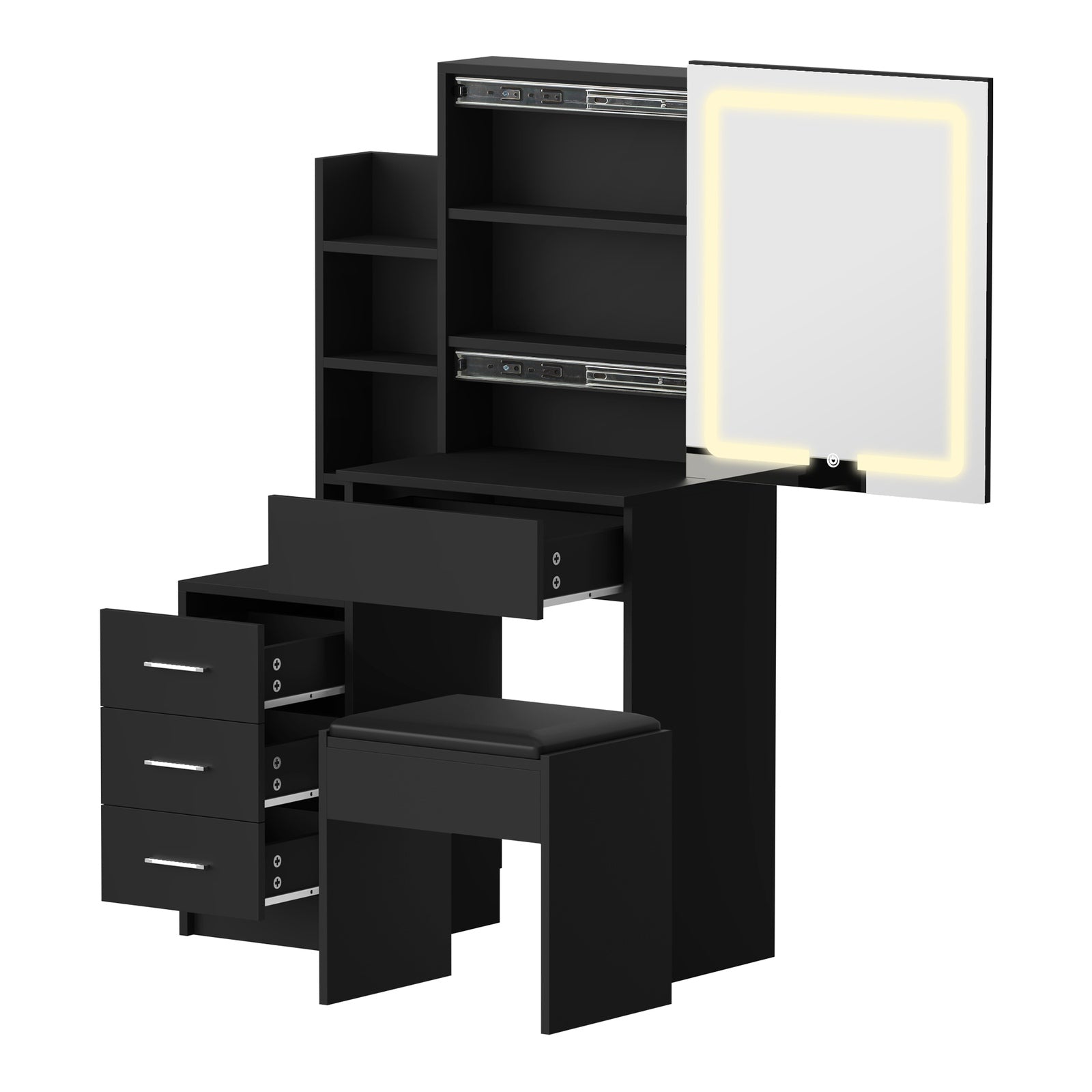 Oikiture Dressing Table Stool Set Makeup Slide Mirror LED Light Vanity Black - Sunyee