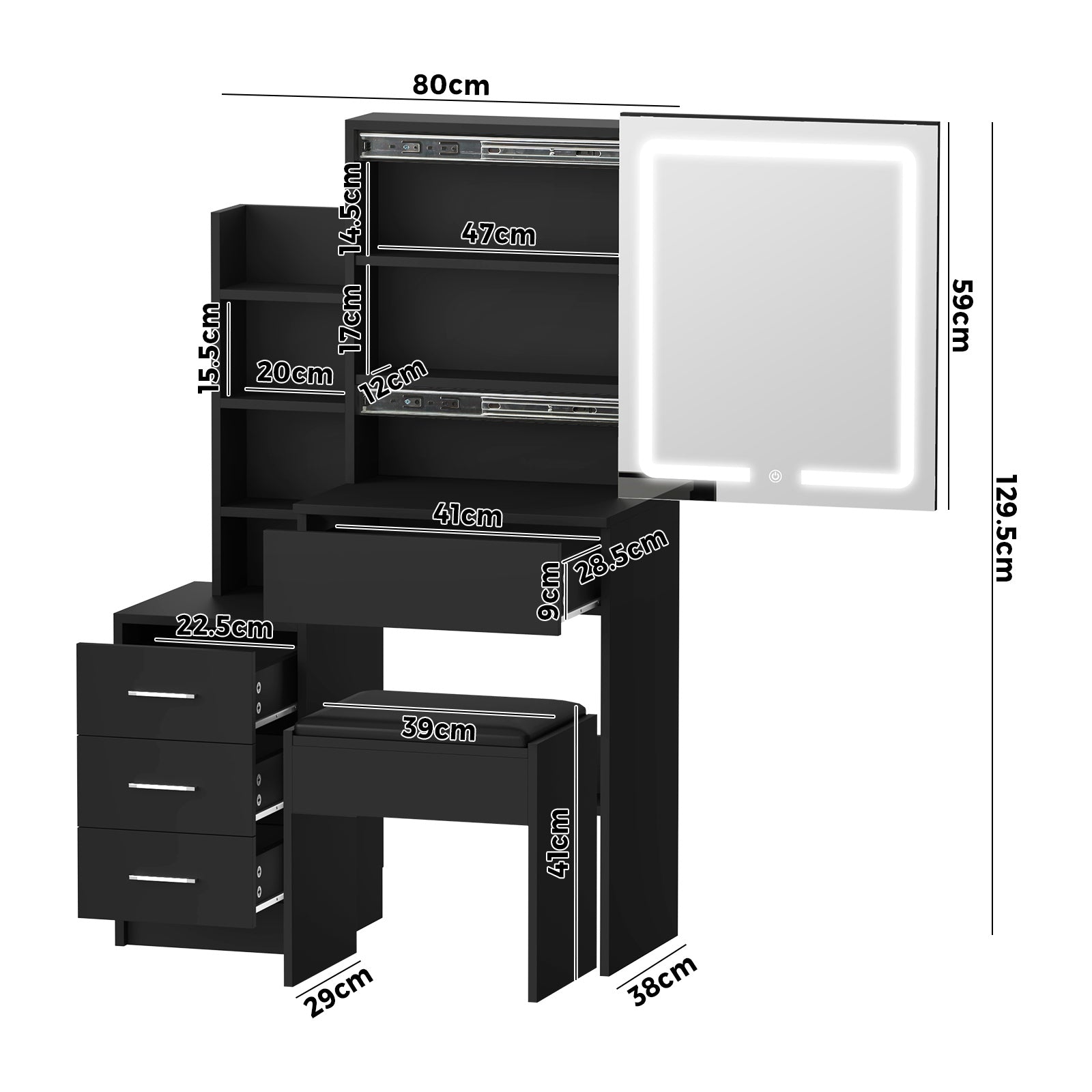 Oikiture Dressing Table Stool Set Makeup Slide Mirror LED Light Vanity Black - Sunyee