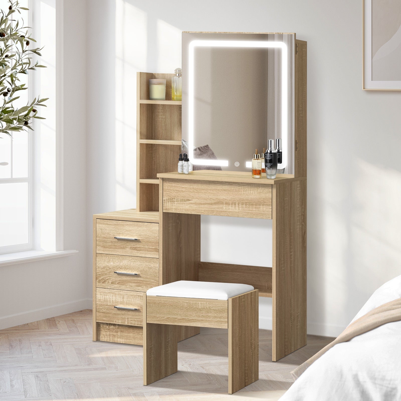 Oikiture Dressing Table Stool Set Makeup Slide Mirror LED Light Vanity Natural - Sunyee
