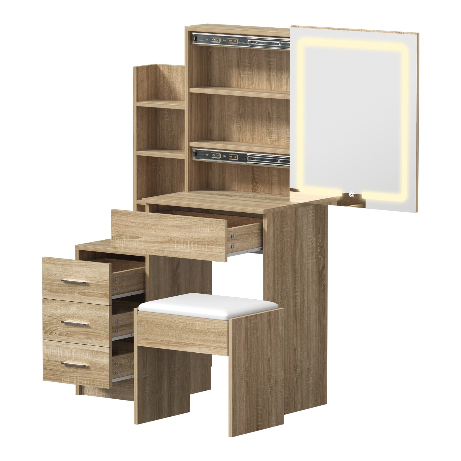 Oikiture Dressing Table Stool Set Makeup Slide Mirror LED Light Vanity Natural - Sunyee