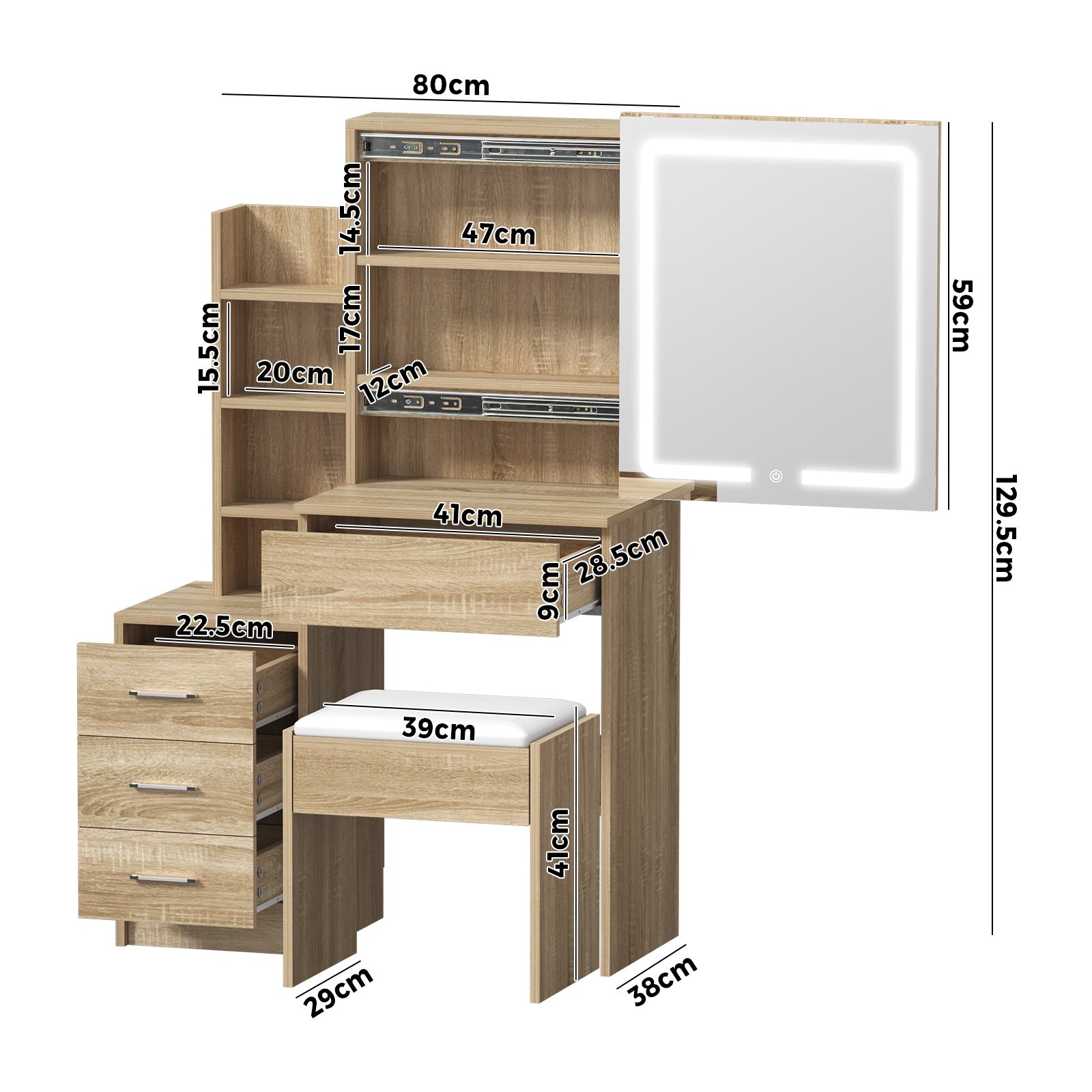 Oikiture Dressing Table Stool Set Makeup Slide Mirror LED Light Vanity Natural - Sunyee