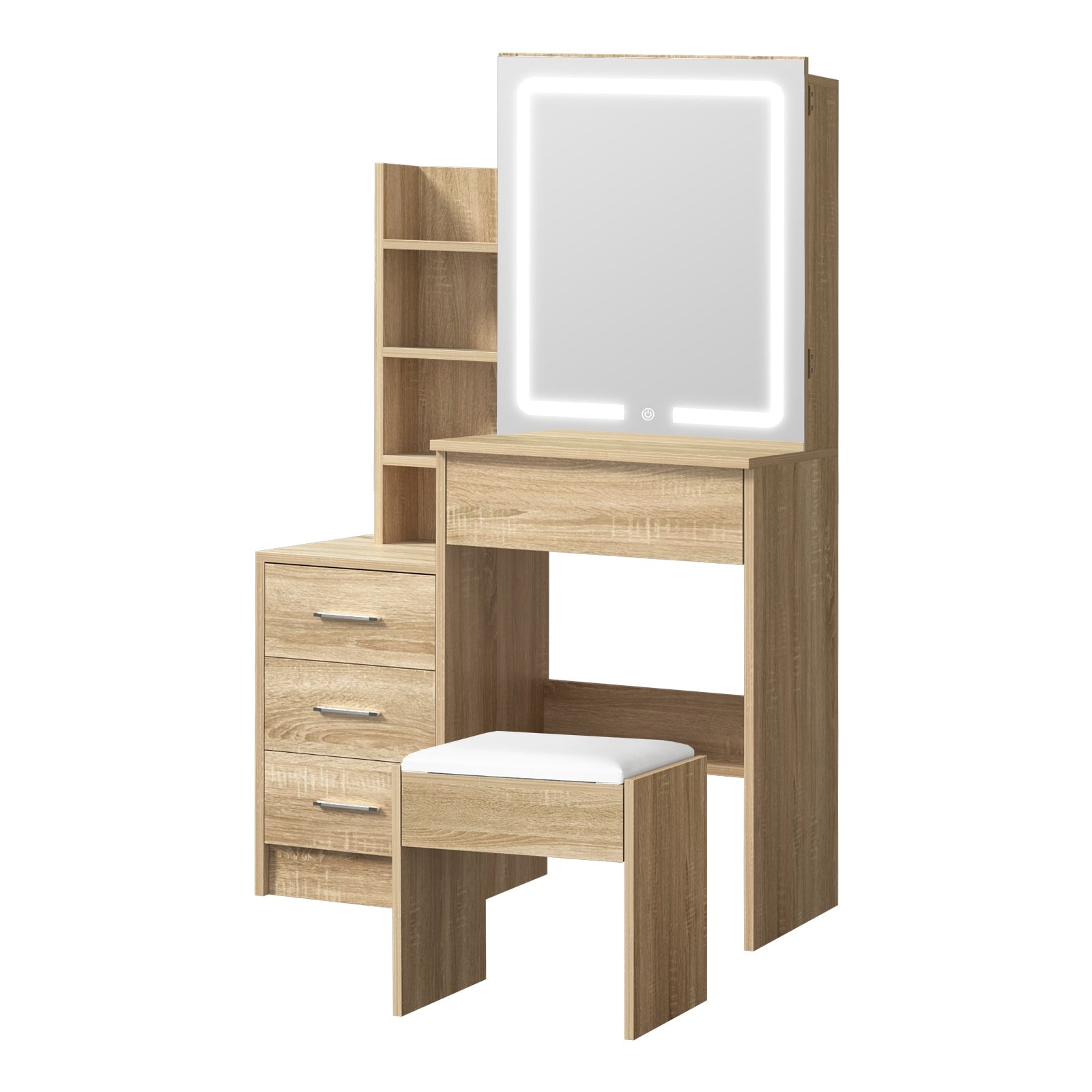 Oikiture Dressing Table Stool Set Makeup Slide Mirror LED Light Vanity Natural - Sunyee