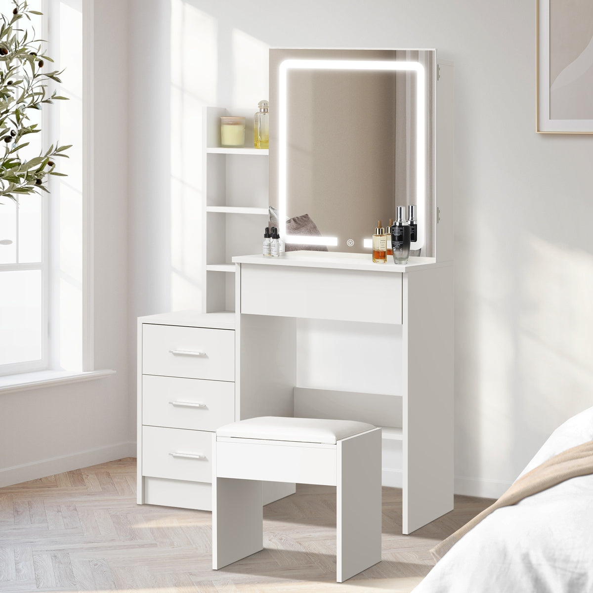 Oikiture Dressing Table Stool Set Makeup Slide Mirror LED Light Vanity White - Sunyee