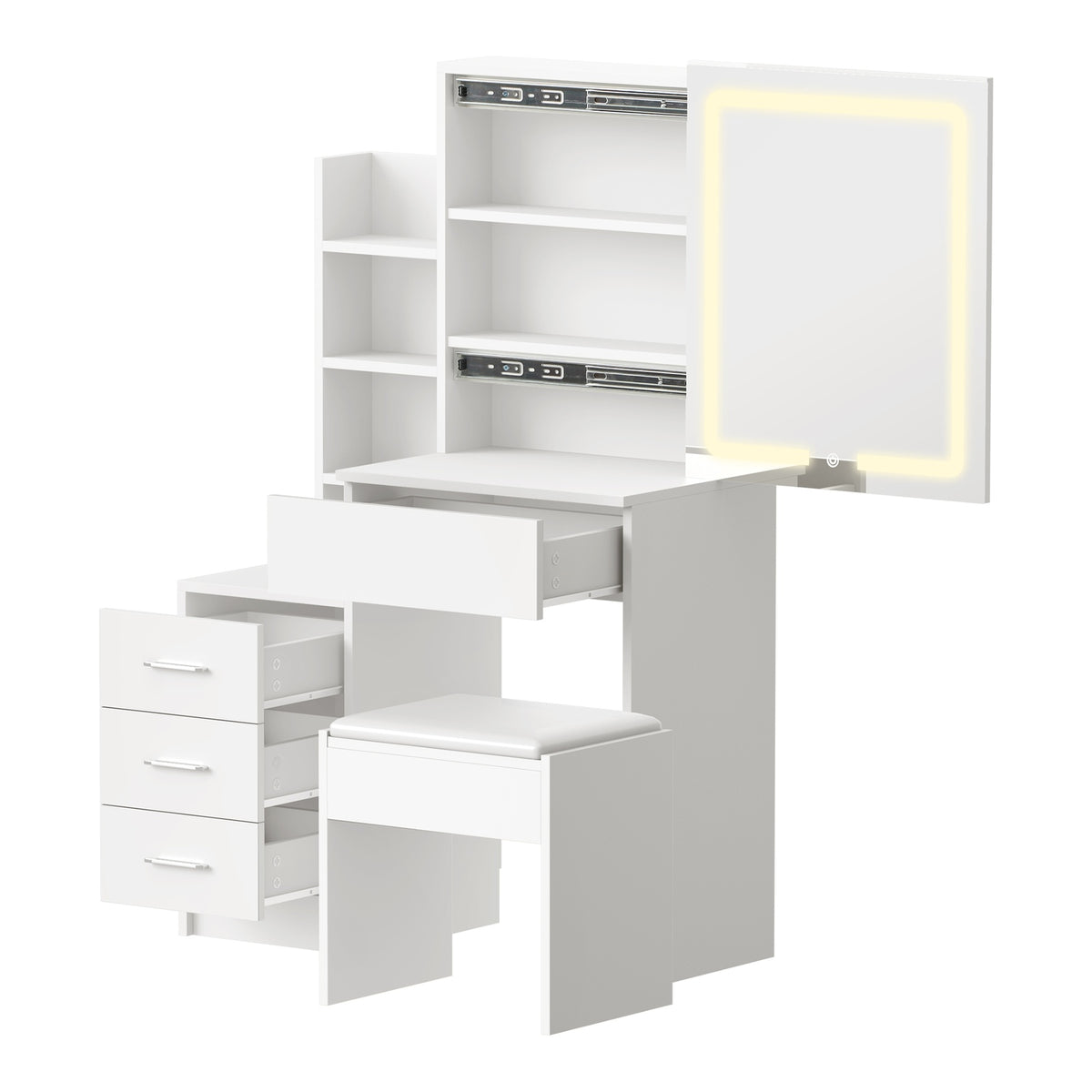 Oikiture Dressing Table Stool Set Makeup Slide Mirror LED Light Vanity White - Sunyee