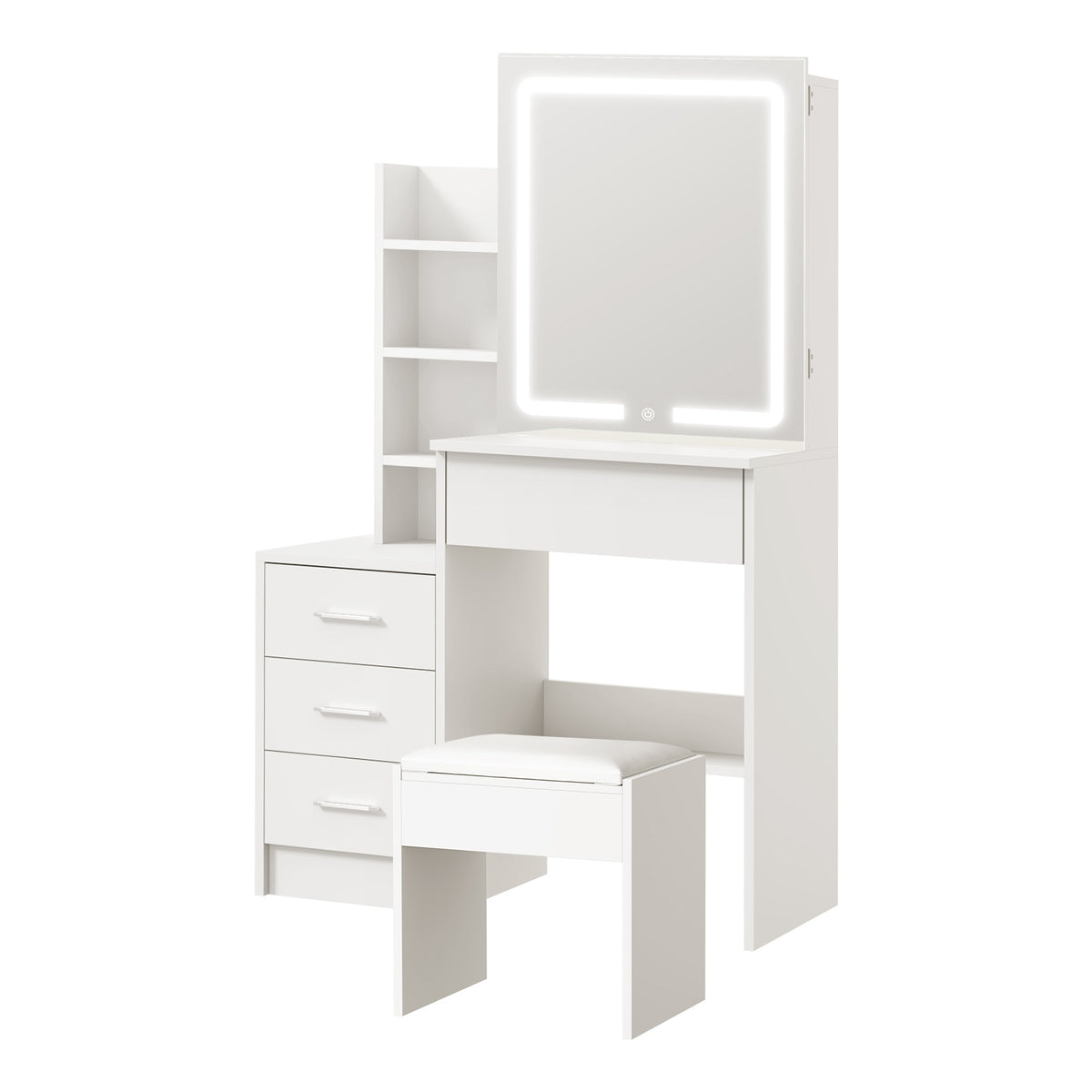 Oikiture Dressing Table Stool Set Makeup Slide Mirror LED Light Vanity White - Sunyee