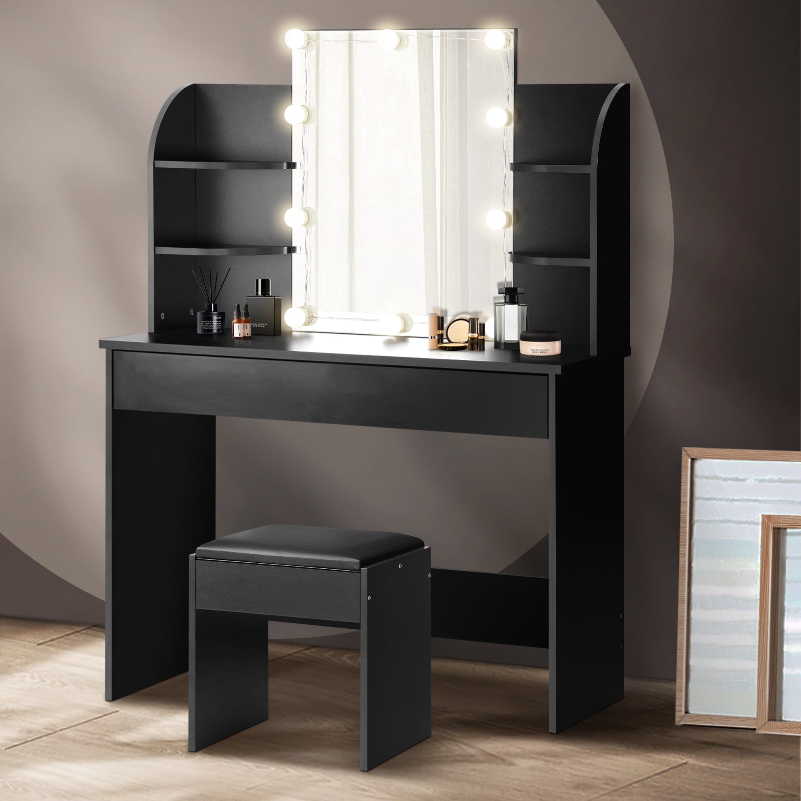 Oikiture Dressing Table Stool Set Makeup Desk Mirror Storage Dresser LED Bulbs