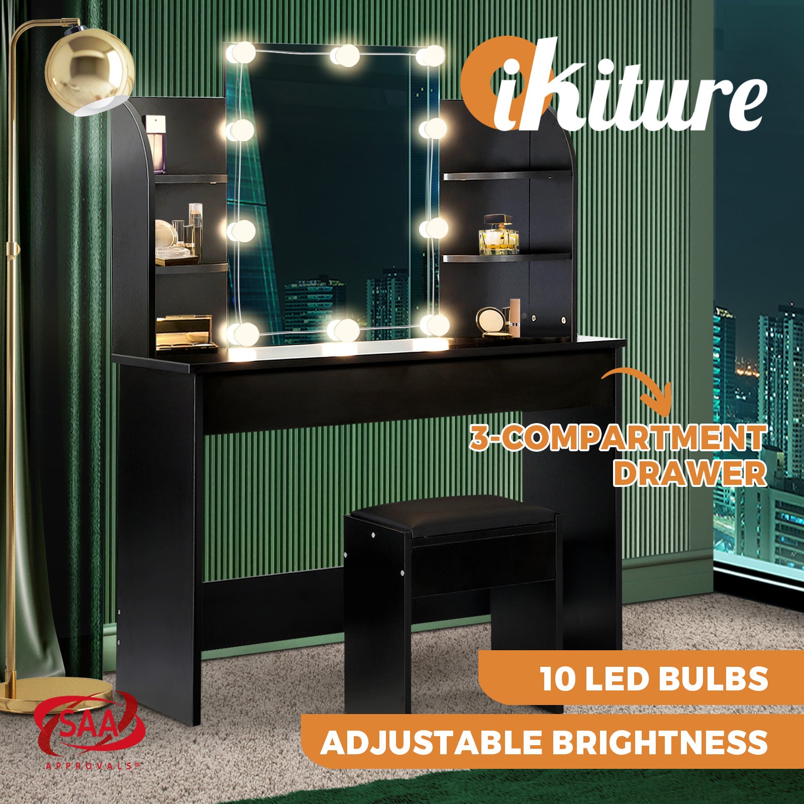 Oikiture Dressing Table Stool Set Makeup Mirror Storage Drawer 10 LED Bulbs - Sunyee