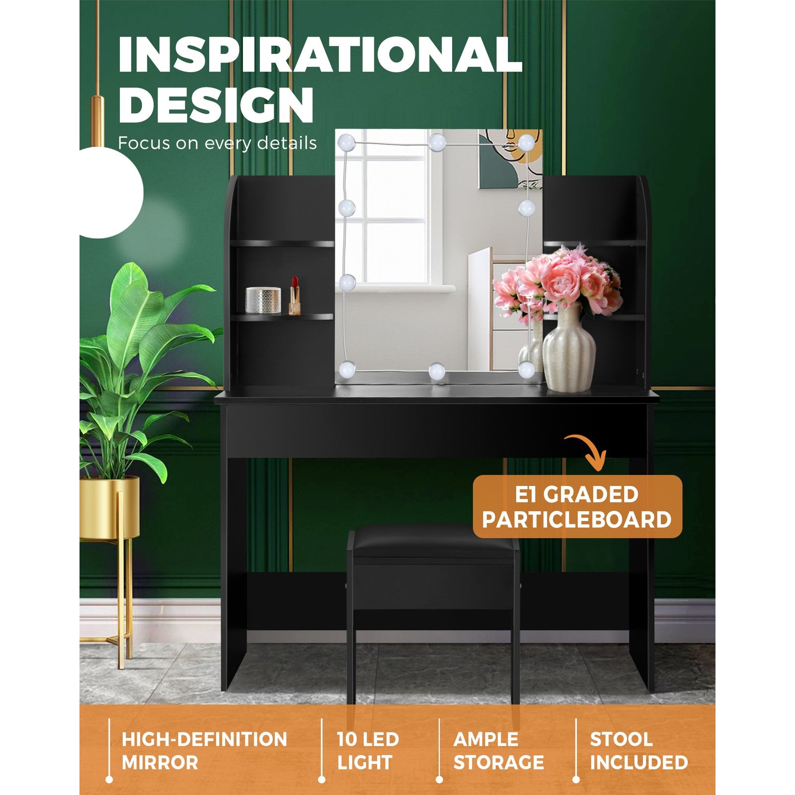 Oikiture Dressing Table Stool Set Makeup Mirror Storage Drawer 10LED Bulbs Black - Sunyee