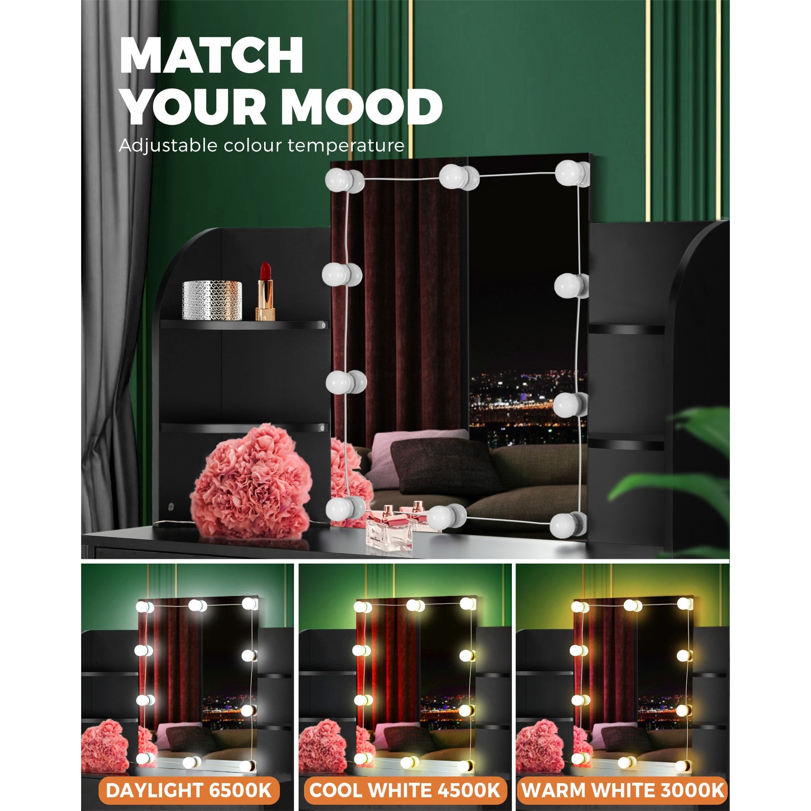 Oikiture Dressing Table Stool Set Makeup Mirror Storage Drawer 10LED Bulbs Black - Sunyee