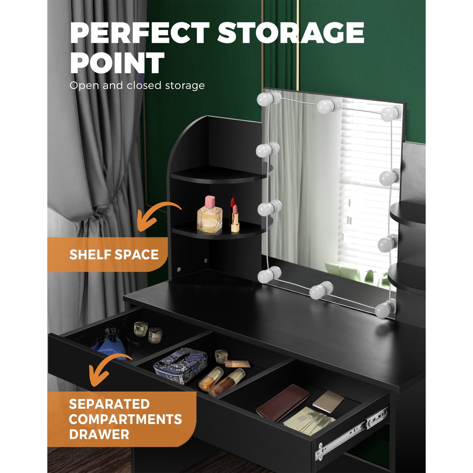 Oikiture Dressing Table Stool Set Makeup Mirror Storage Drawer 10LED Bulbs Black - Sunyee