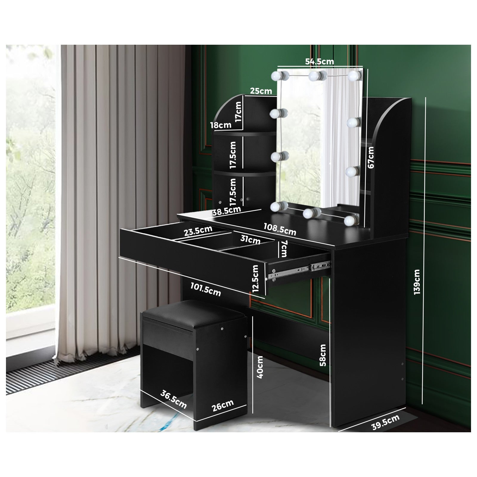 Oikiture Dressing Table Stool Set Makeup Mirror Storage Drawer 10LED Bulbs Black - Sunyee