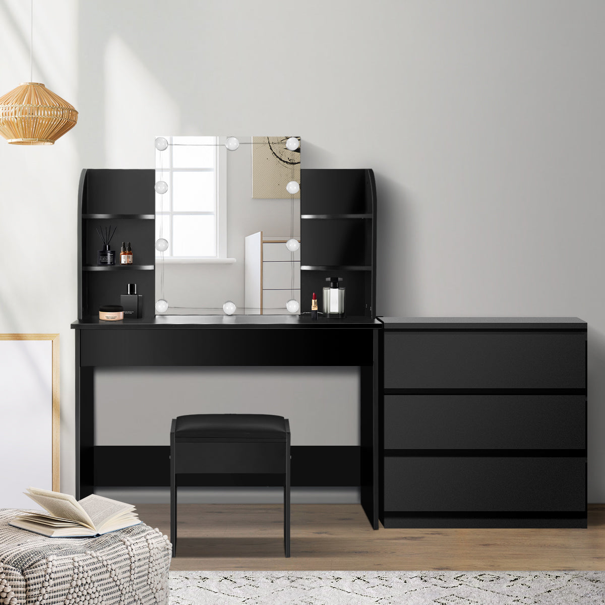 Oikiture Dressing Table Stool Set with Chest of Drawers LED Makeup Mirror Black - Sunyee