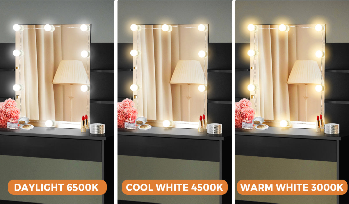 Oikiture Dressing Table Stool Set with Chest of Drawers LED Makeup Mirror Black - Sunyee