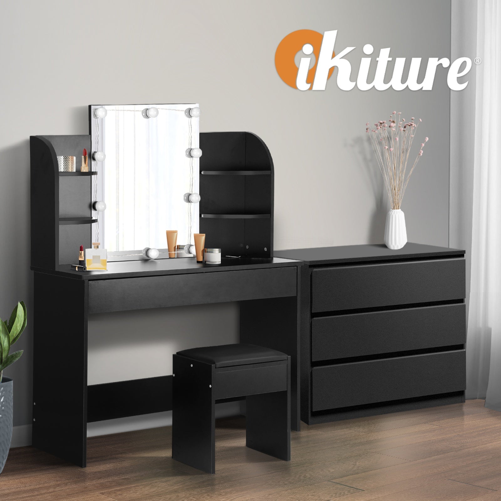 Oikiture Dressing Table Stool Set with Chest of Drawers LED Makeup Mirror Black - Sunyee