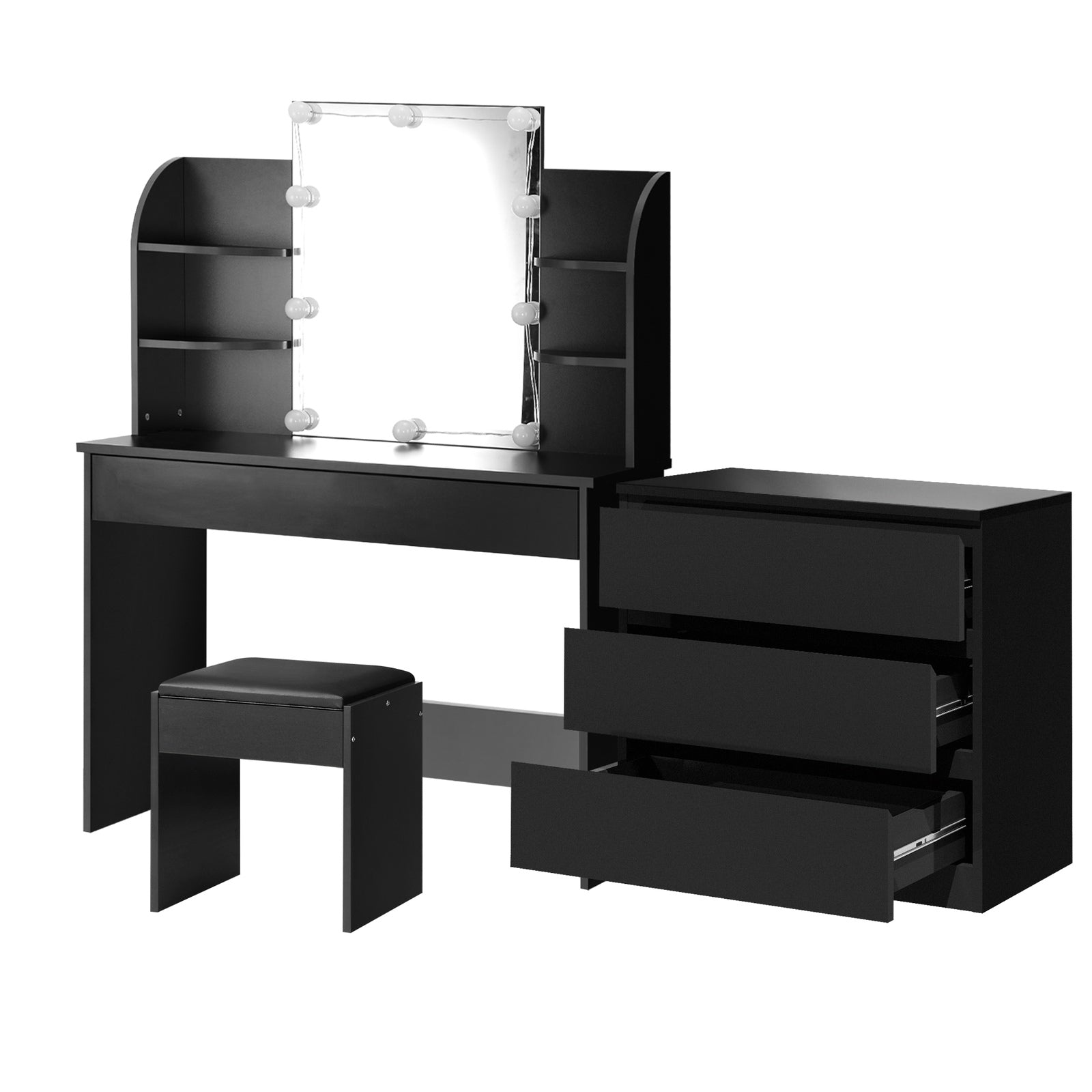 Oikiture Dressing Table Stool Set with Chest of Drawers LED Makeup Mirror Black - Sunyee