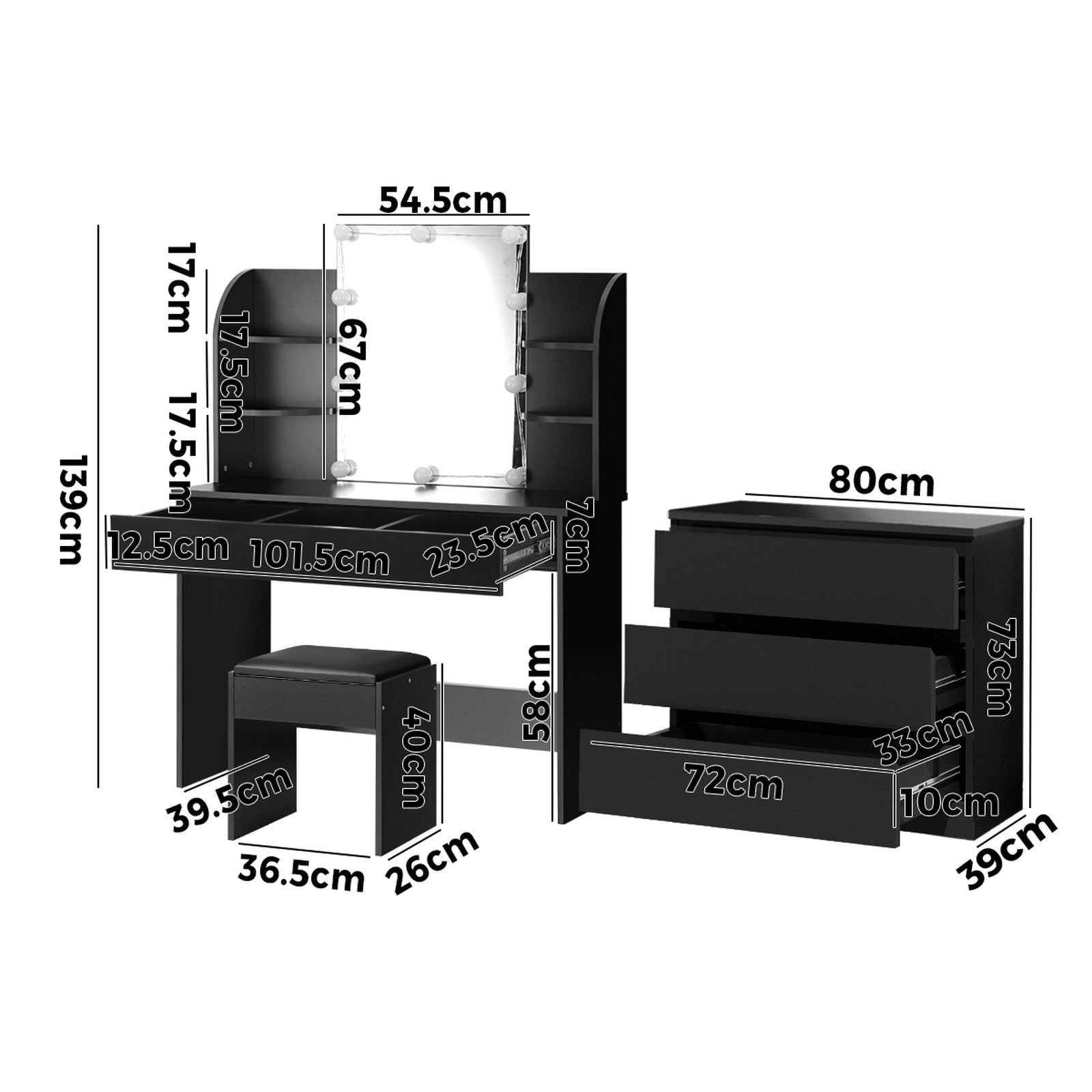 Oikiture Dressing Table Stool Set with Chest of Drawers LED Makeup Mirror Black - Sunyee
