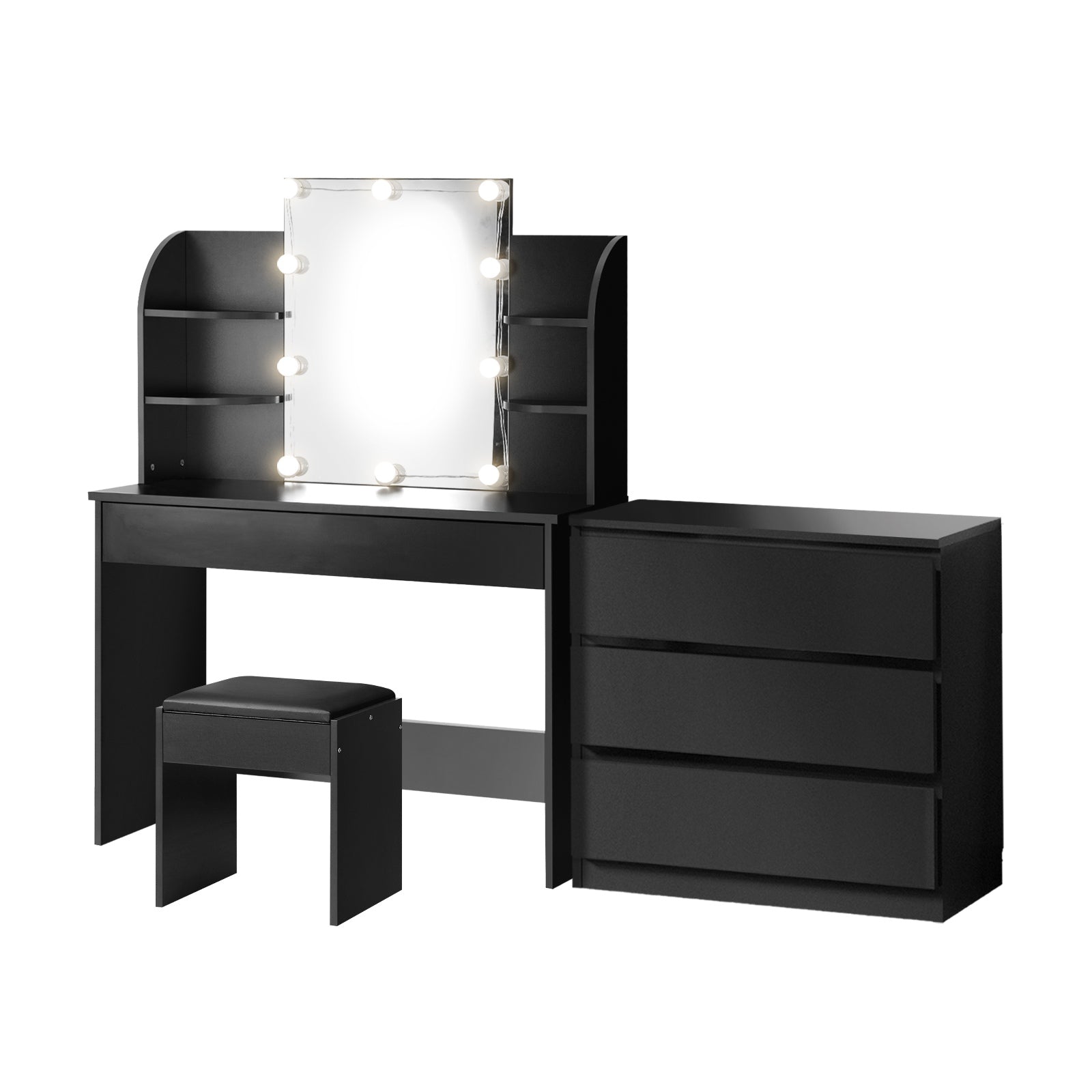 Oikiture Dressing Table Stool Set with Chest of Drawers LED Makeup Mirror Black - Sunyee