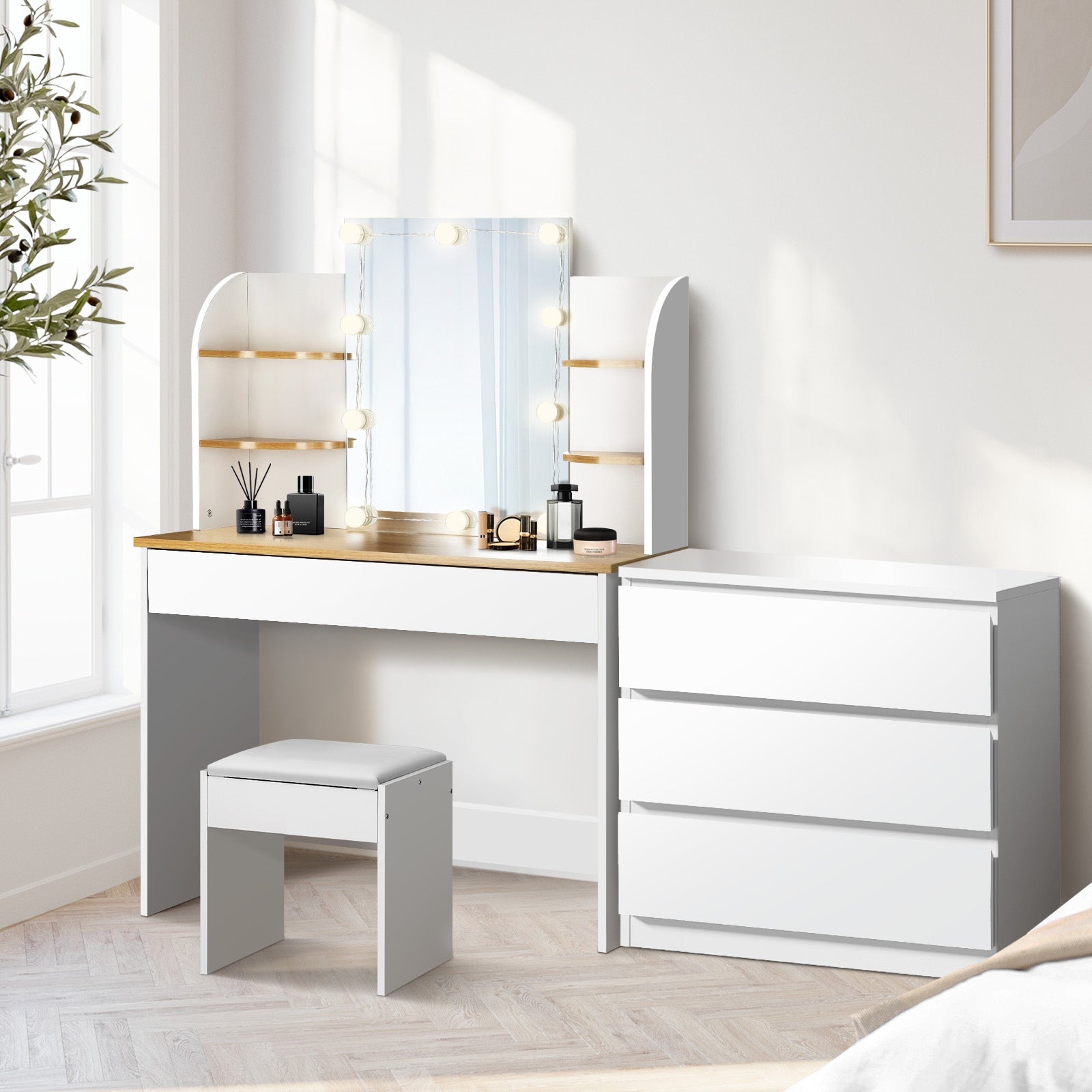 Oikiture Dressing Table Stool Set with Chest of Drawers LED Makeup Mirror White - Sunyee