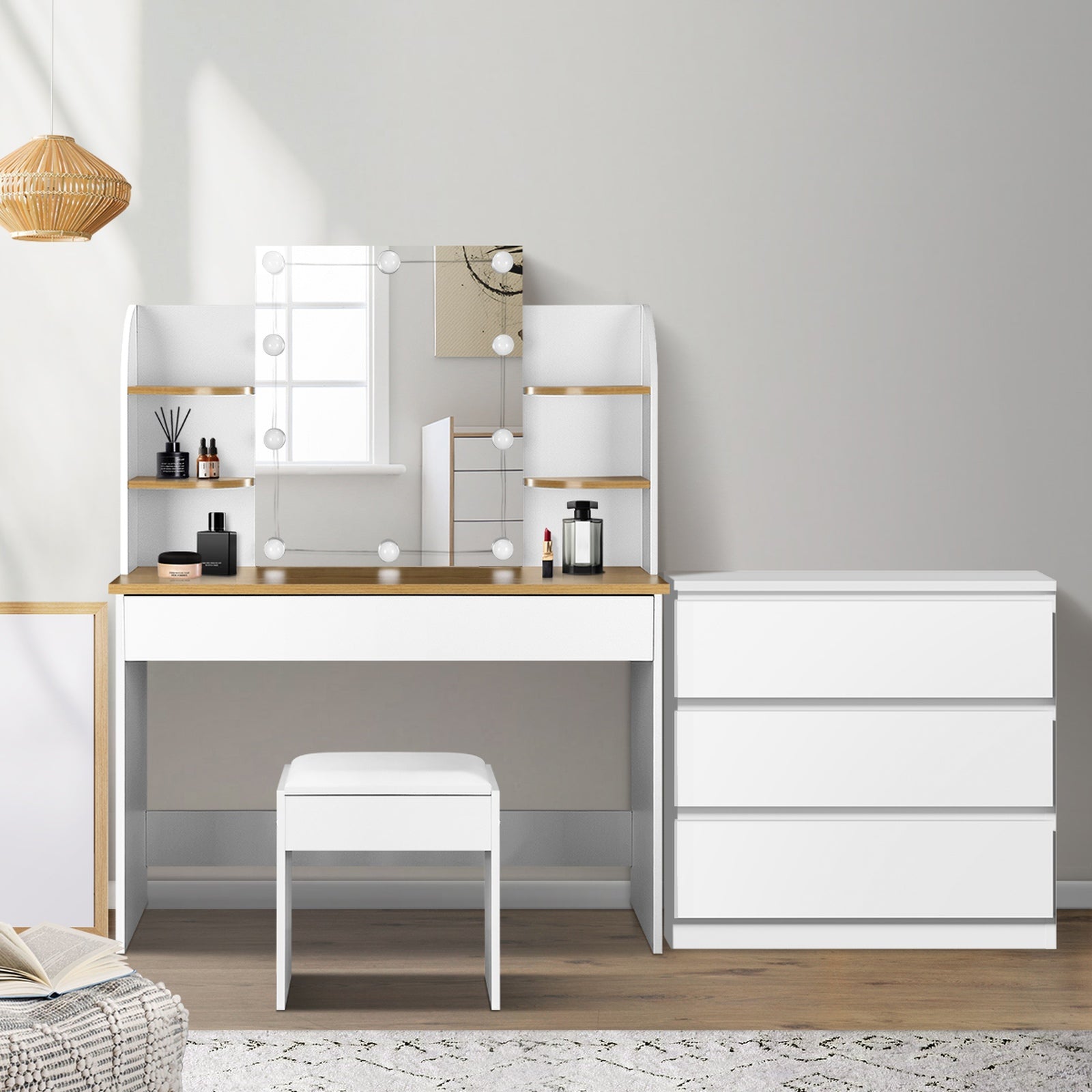 Oikiture Dressing Table Stool Set with Chest of Drawers LED Makeup Mirror White - Sunyee