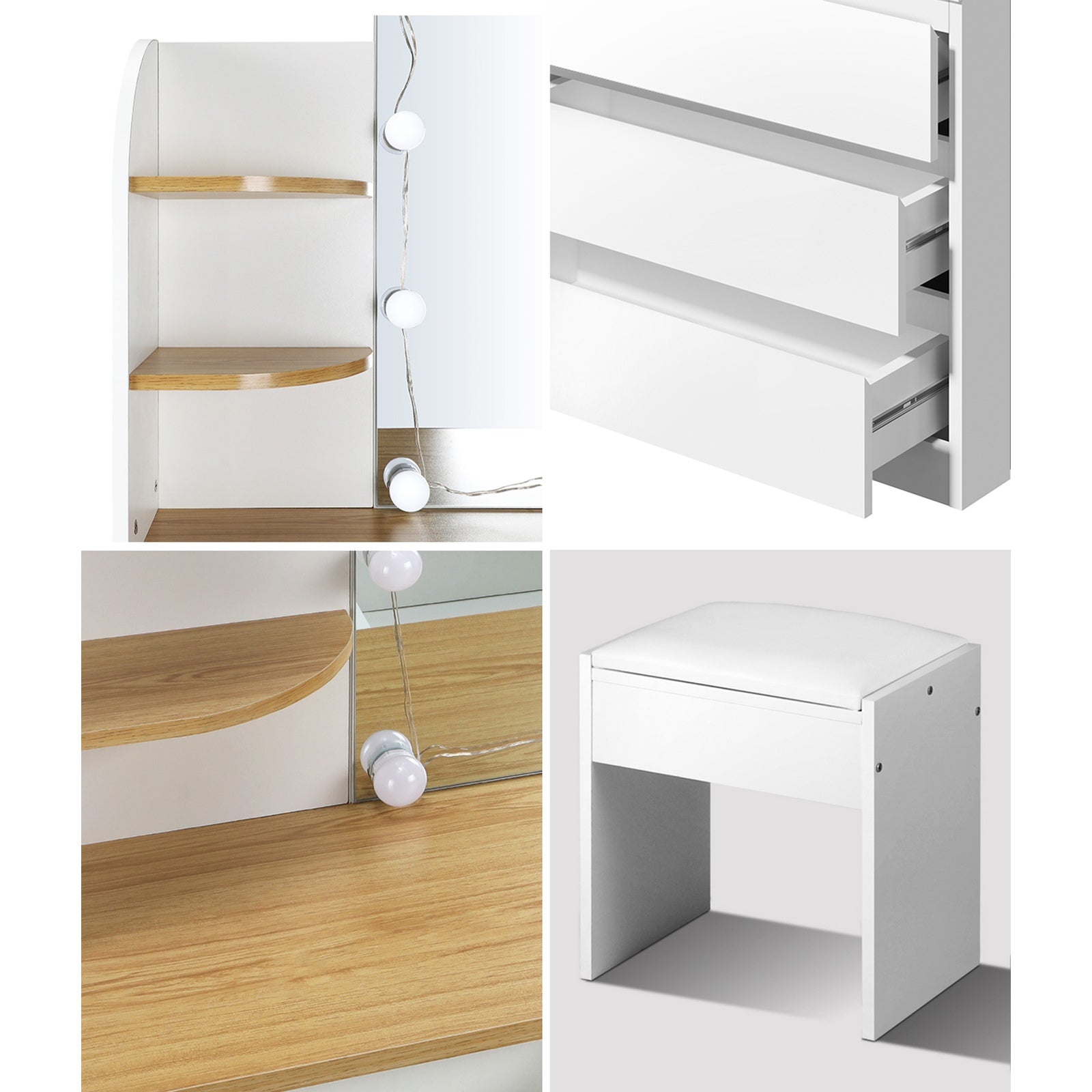 Oikiture Dressing Table Stool Set with Chest of Drawers LED Makeup Mirror White - Sunyee