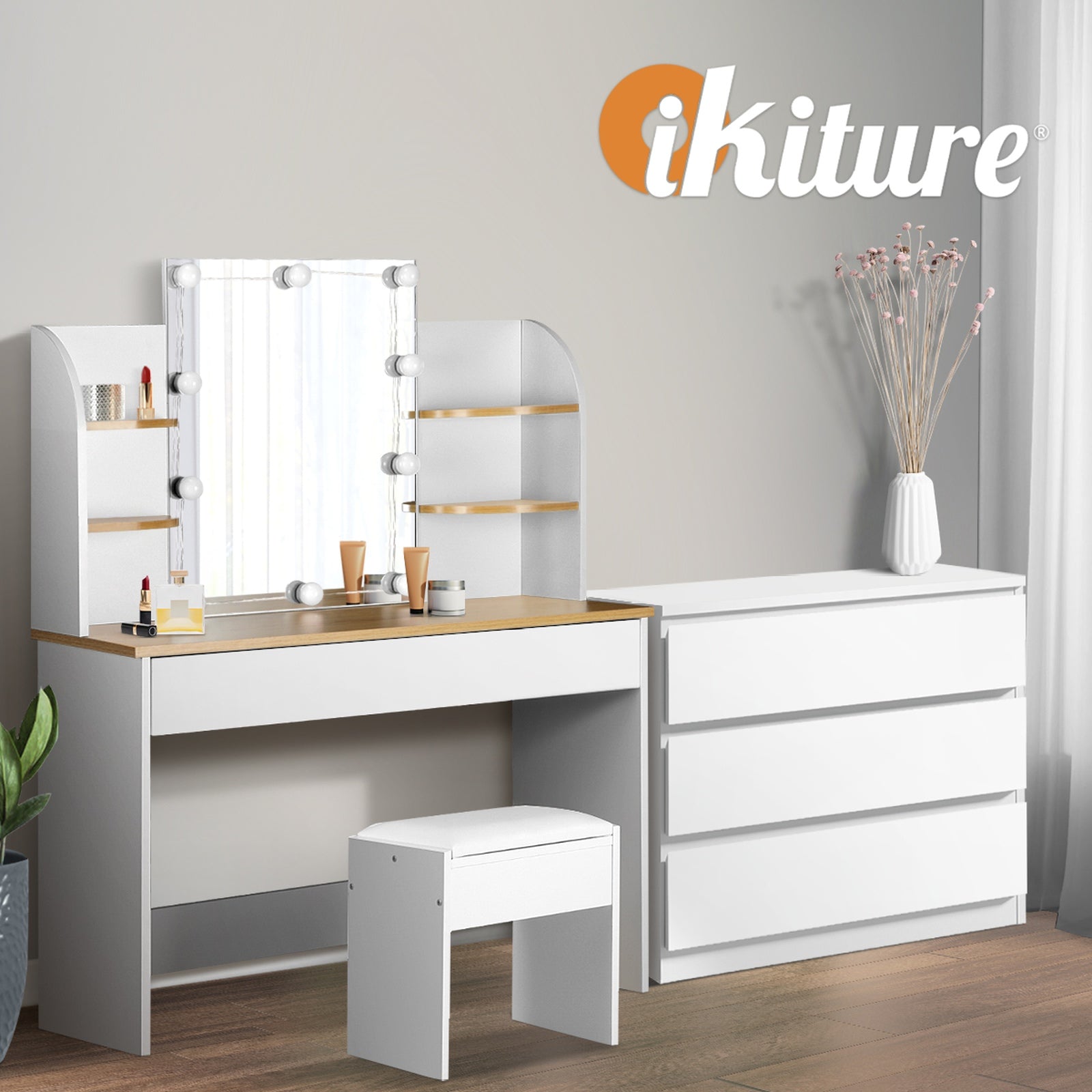 Oikiture Dressing Table Stool Set with Chest of Drawers LED Makeup Mirror White - Sunyee