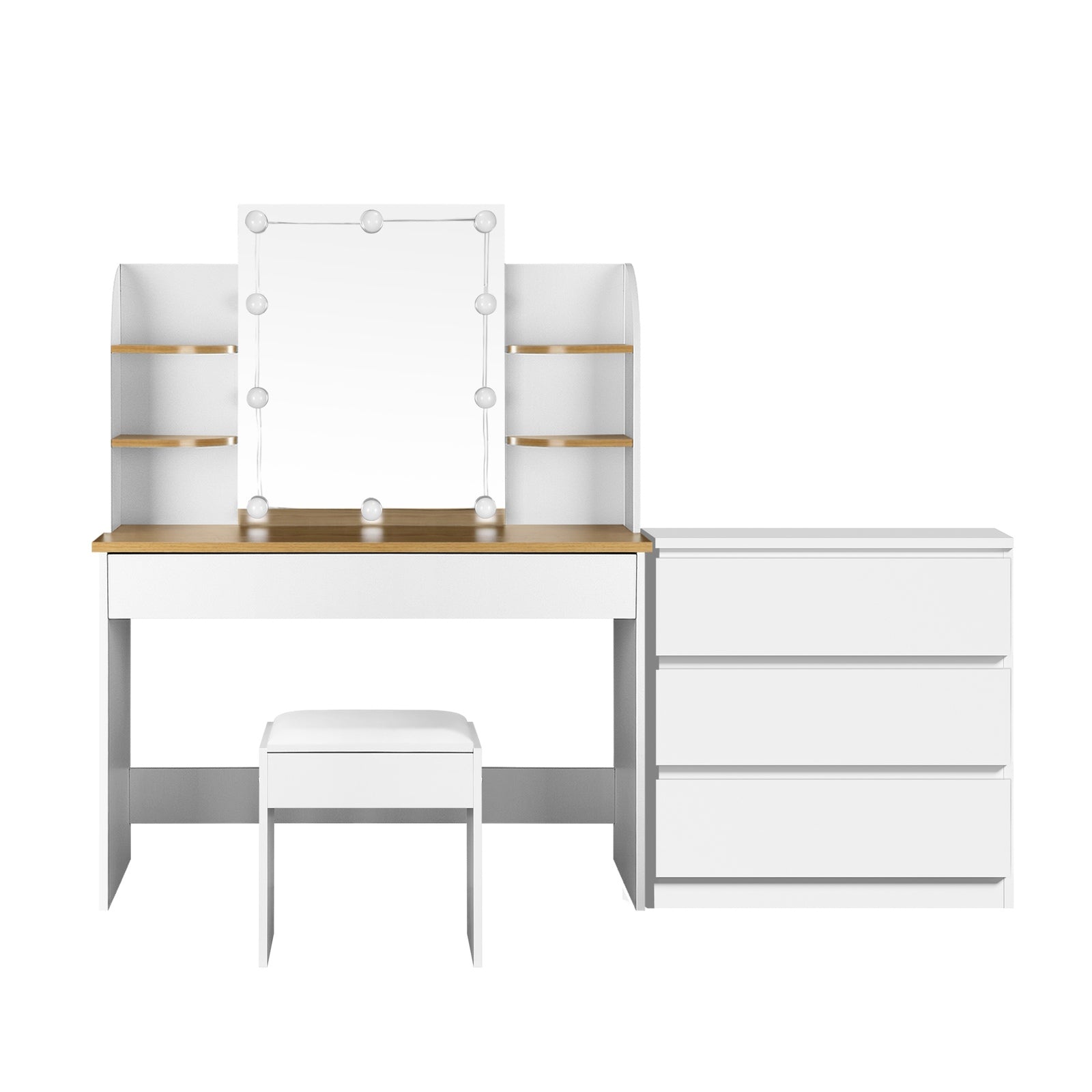 Oikiture Dressing Table Stool Set with Chest of Drawers LED Makeup Mirror White - Sunyee