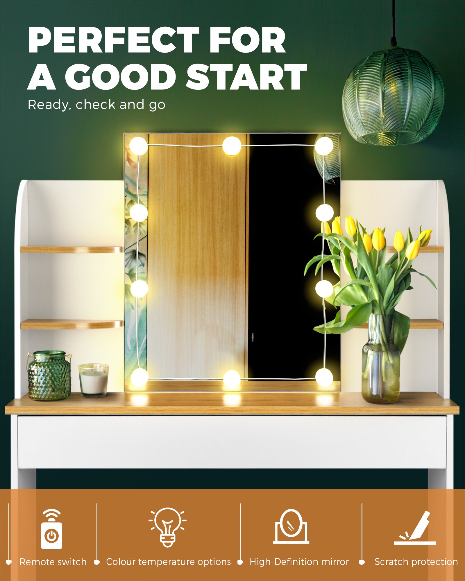 Oikiture Dressing Table Stool Set Makeup Mirror Storage Drawer 10 LED Bulbs - Sunyee