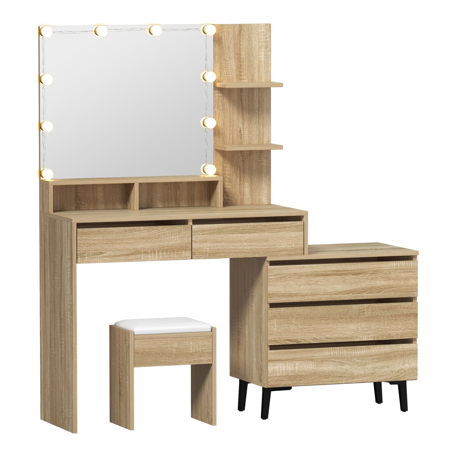 Oikiture Dressing Table Stool Set Makeup Mirror 10 LED Bulbs Cabinet Natural - Sunyee
