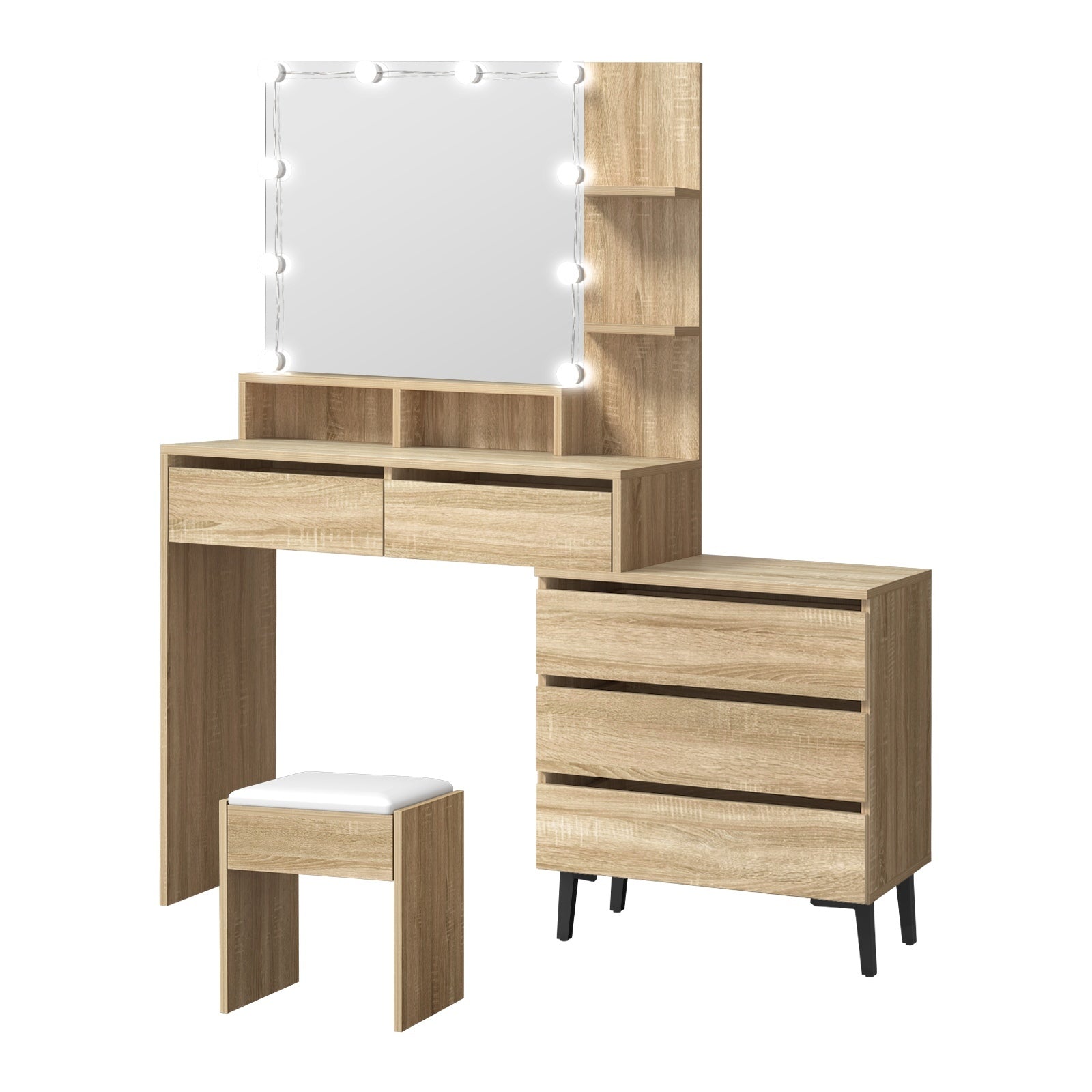 Oikiture Dressing Table Stool Set Makeup Desk Mirror Storage Dresser LED Bulbs