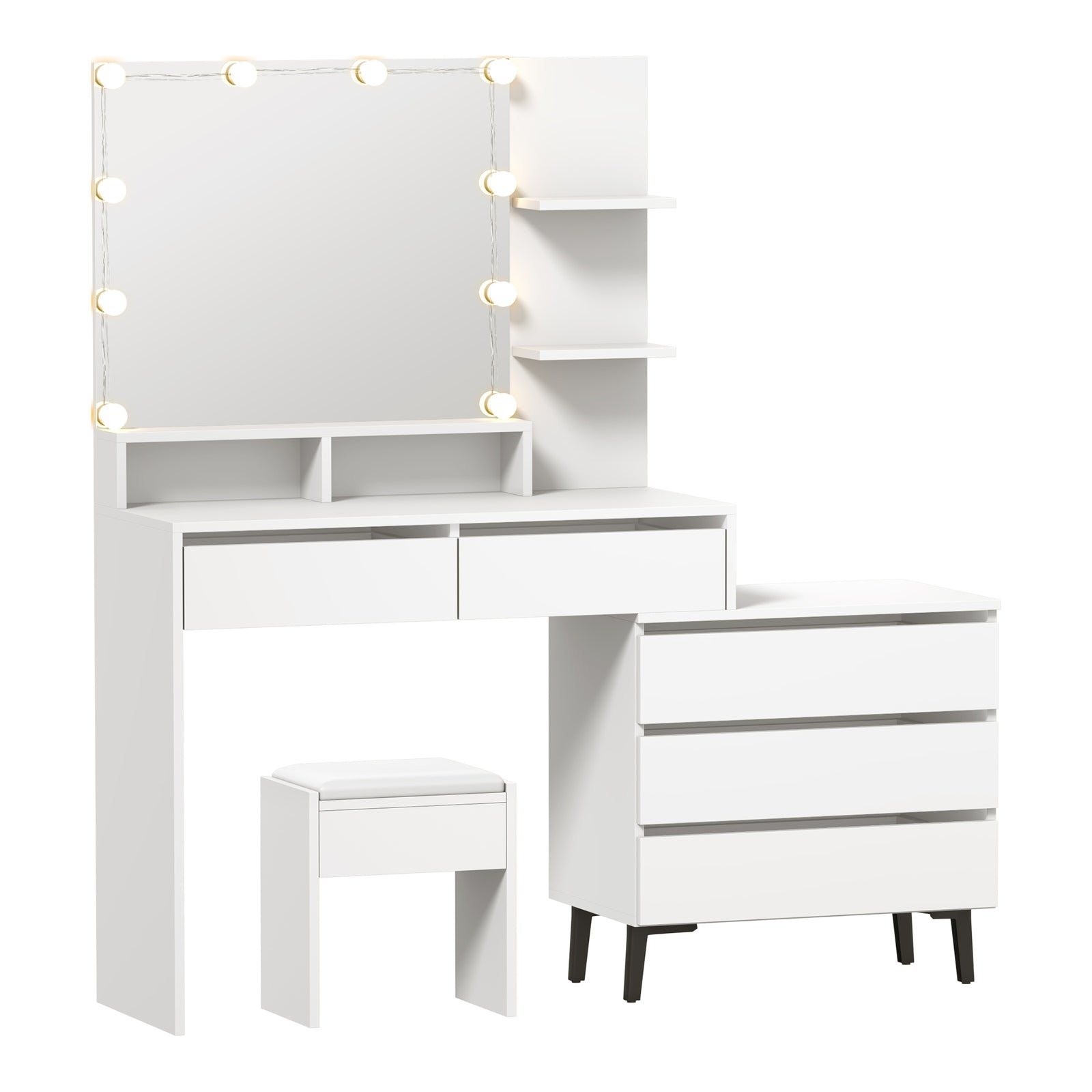 Oikiture Dressing Table Stool Set Makeup Mirror 10 LED Bulbs Cabinet White - Sunyee