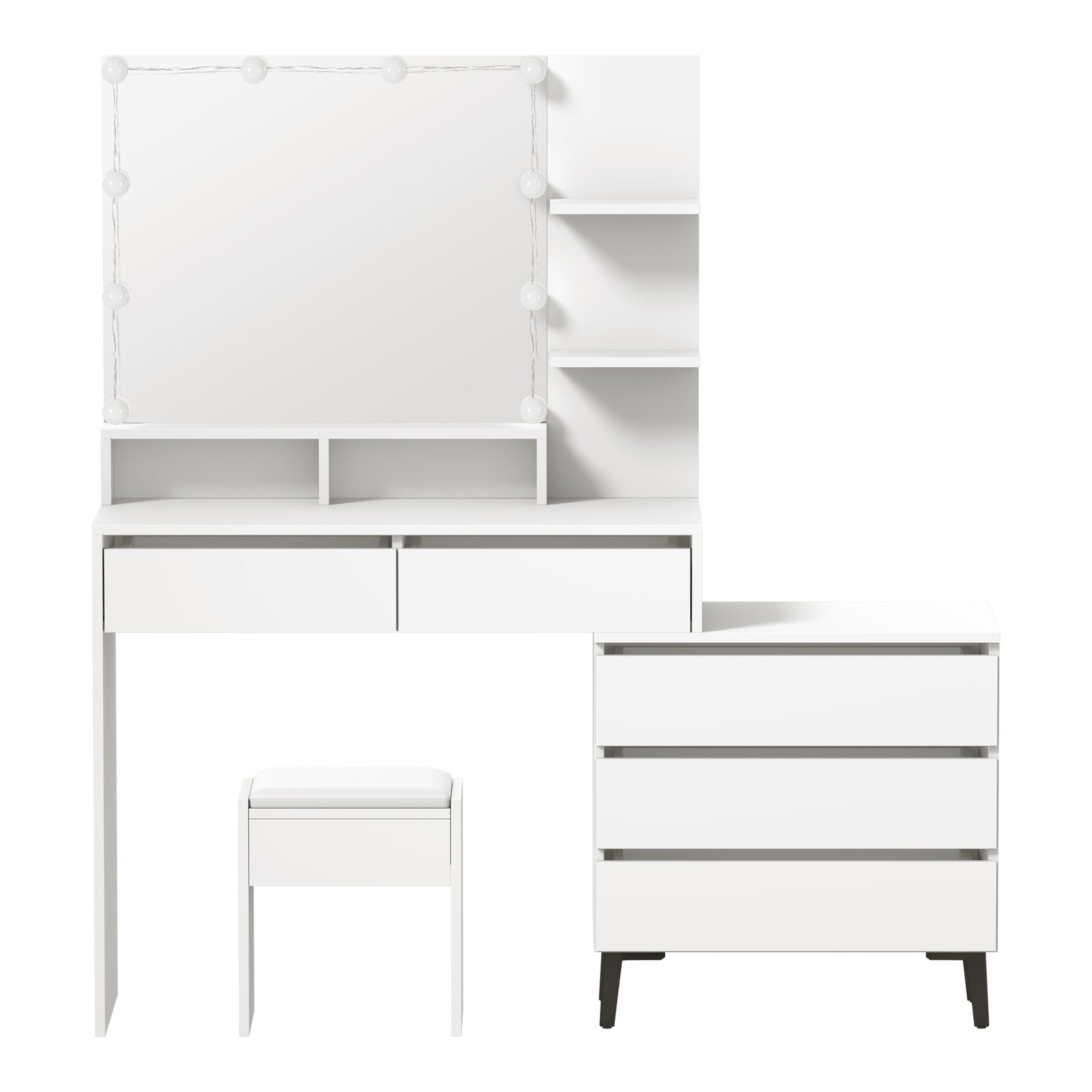Oikiture Dressing Table Stool Set Makeup Mirror 10 LED Bulbs Cabinet White - Sunyee