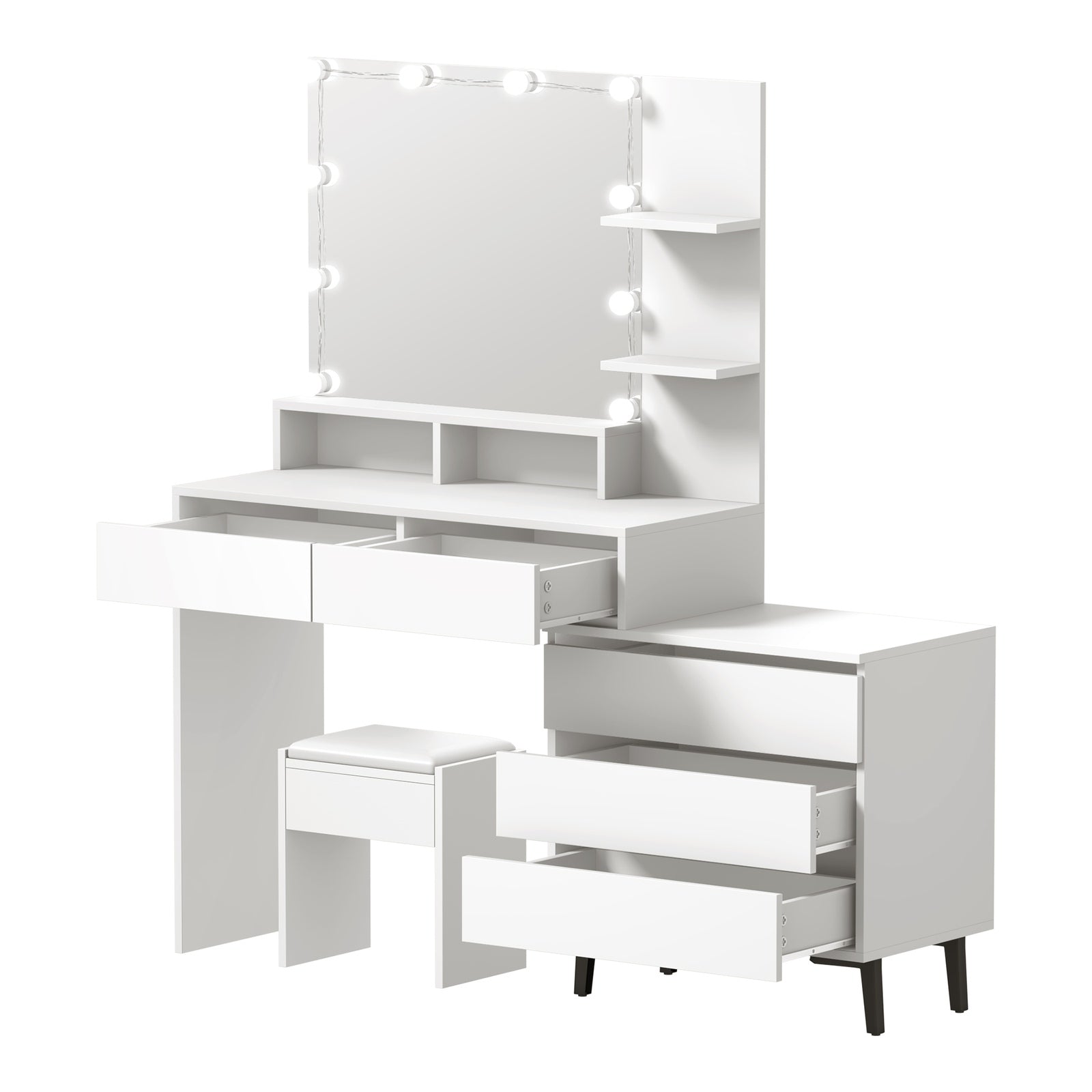 Oikiture Dressing Table Stool Set Makeup Mirror 10 LED Bulbs Cabinet White - Sunyee