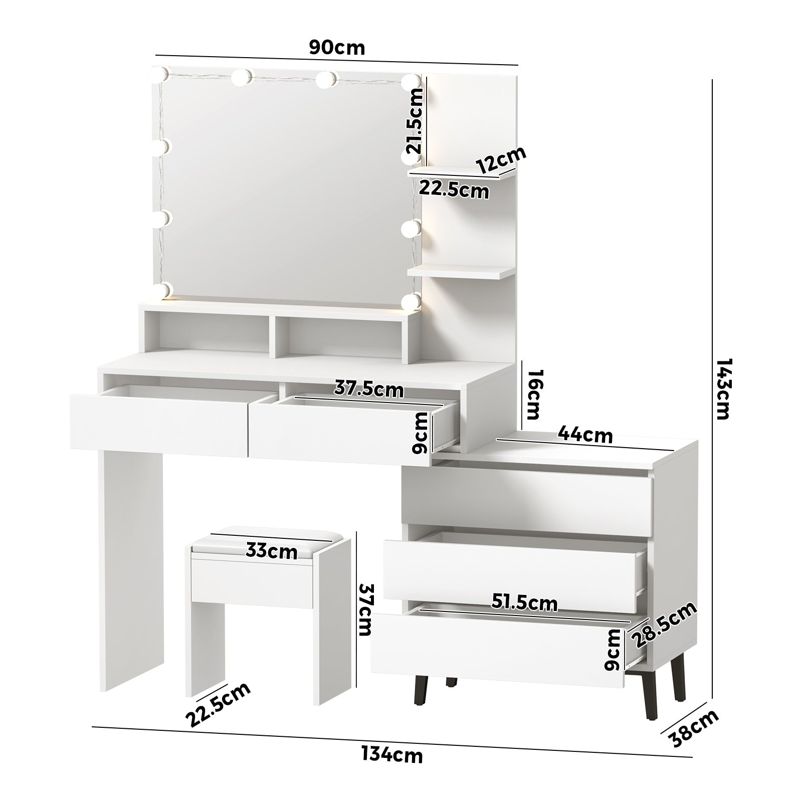 Oikiture Dressing Table Stool Set Makeup Mirror 10 LED Bulbs Cabinet White - Sunyee