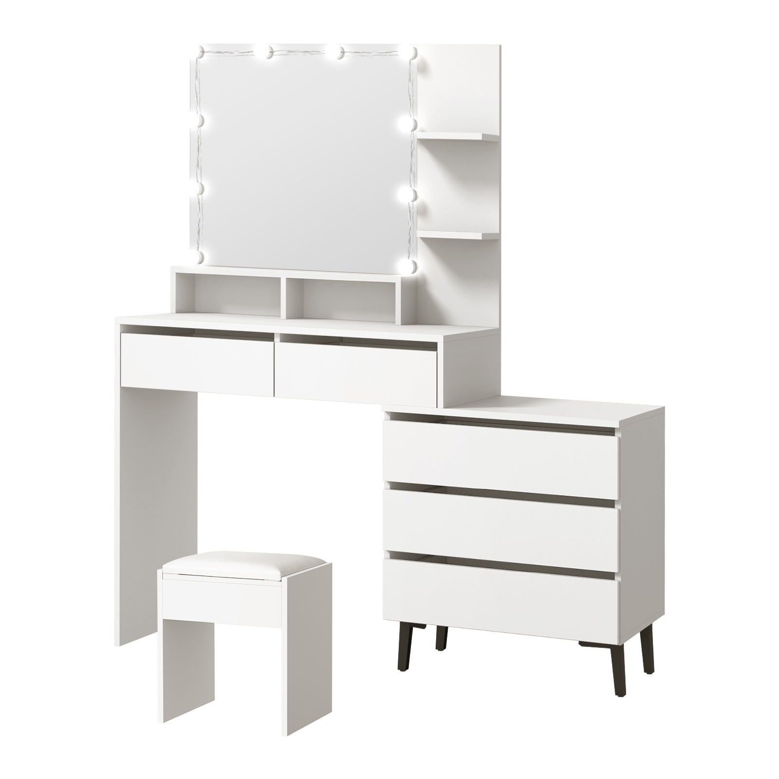 Oikiture Dressing Table Stool Set Makeup Desk Mirror Storage Dresser LED Bulbs