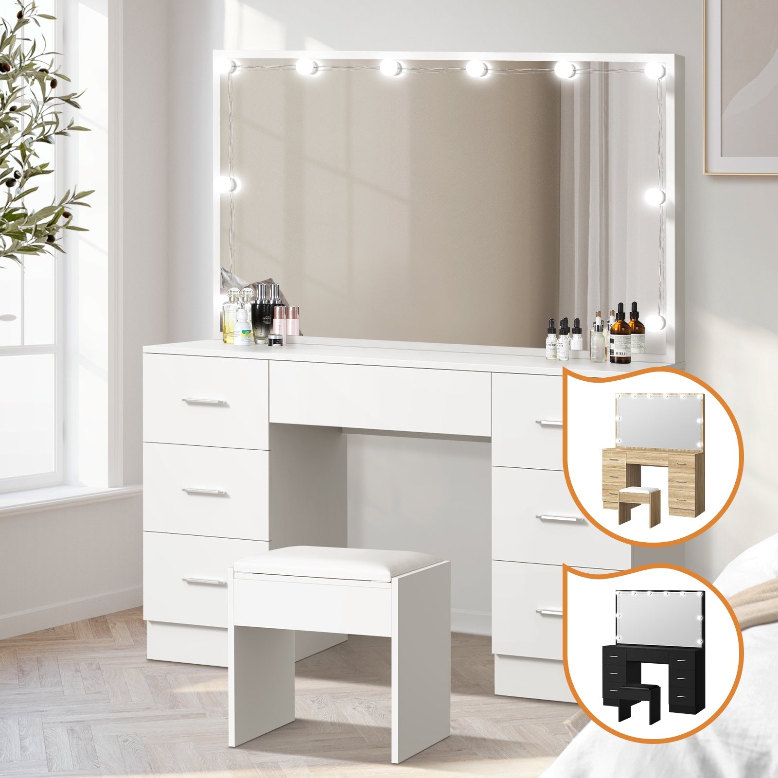 Oikiture Dressing Table Large Makeup Mirror Vanity Desk 10 LED Bulbs - Sunyee