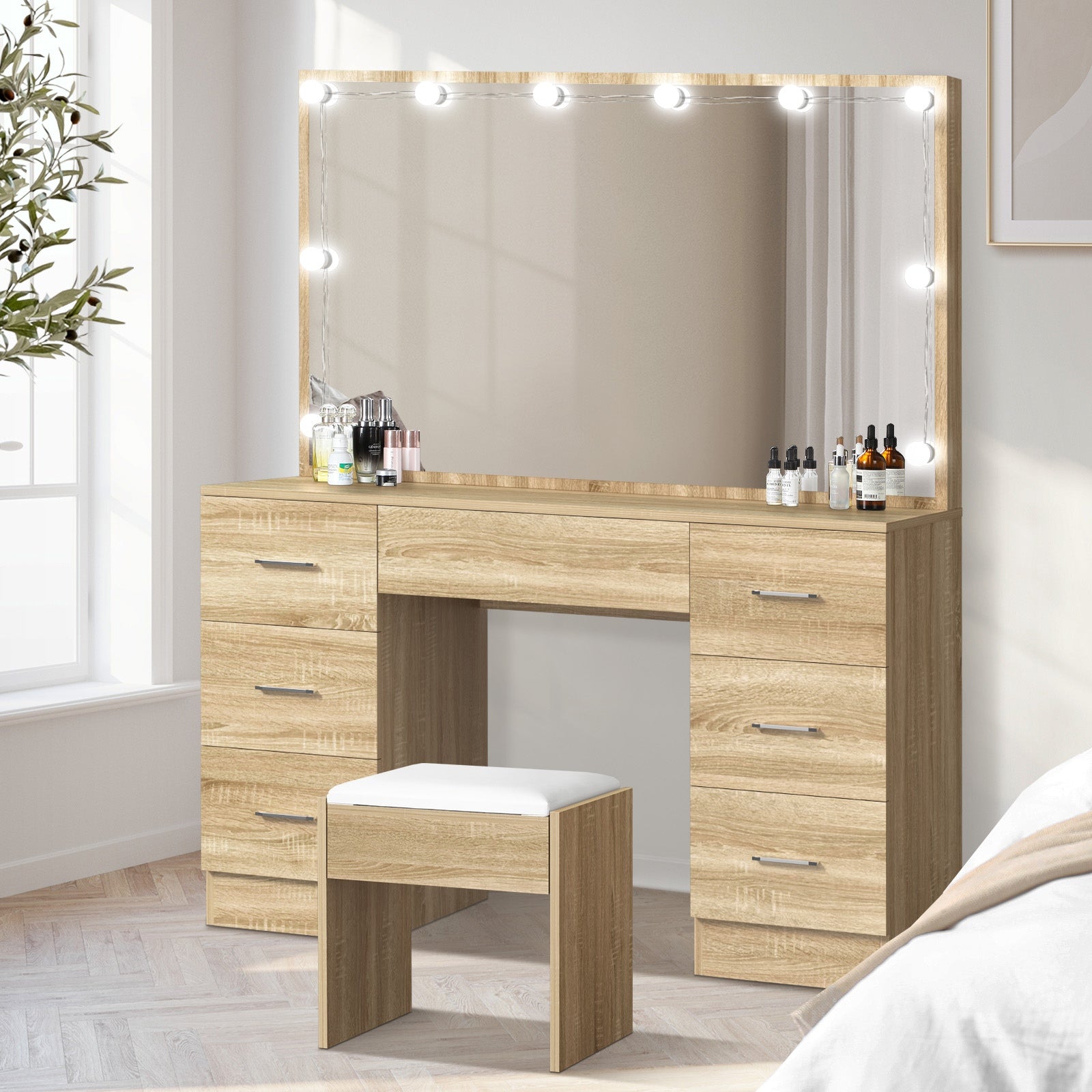 Oikiture Dressing Table Stool Set Makeup Desk Mirror Storage Dresser LED Bulbs