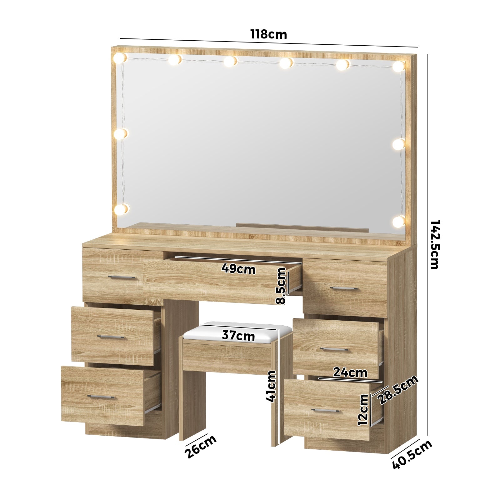 Oikiture Dressing Table Large Makeup Mirror Vanity Desk 10 LED Bulbs Natural - Sunyee