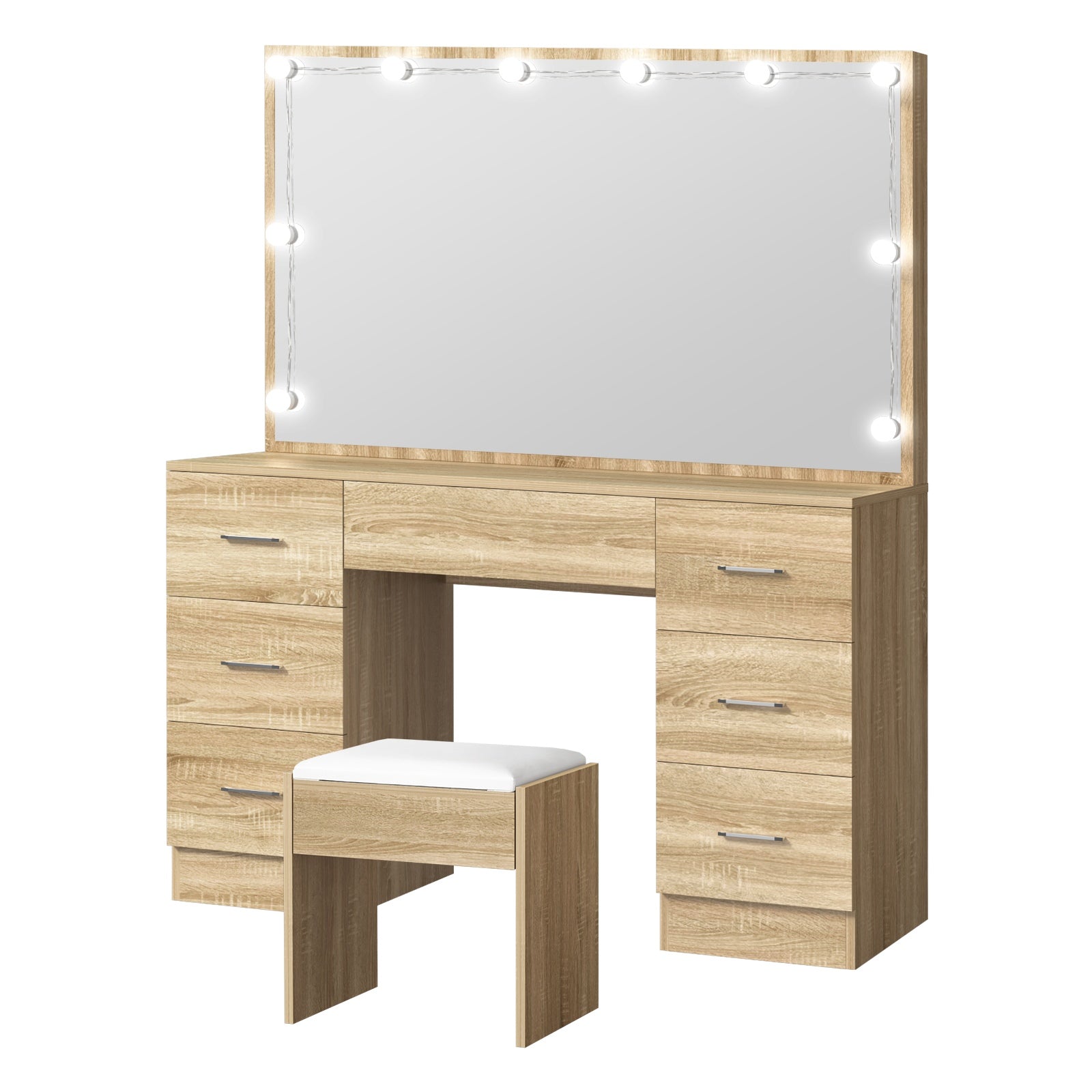 Oikiture Dressing Table Stool Set Makeup Desk Mirror Storage Dresser LED Bulbs