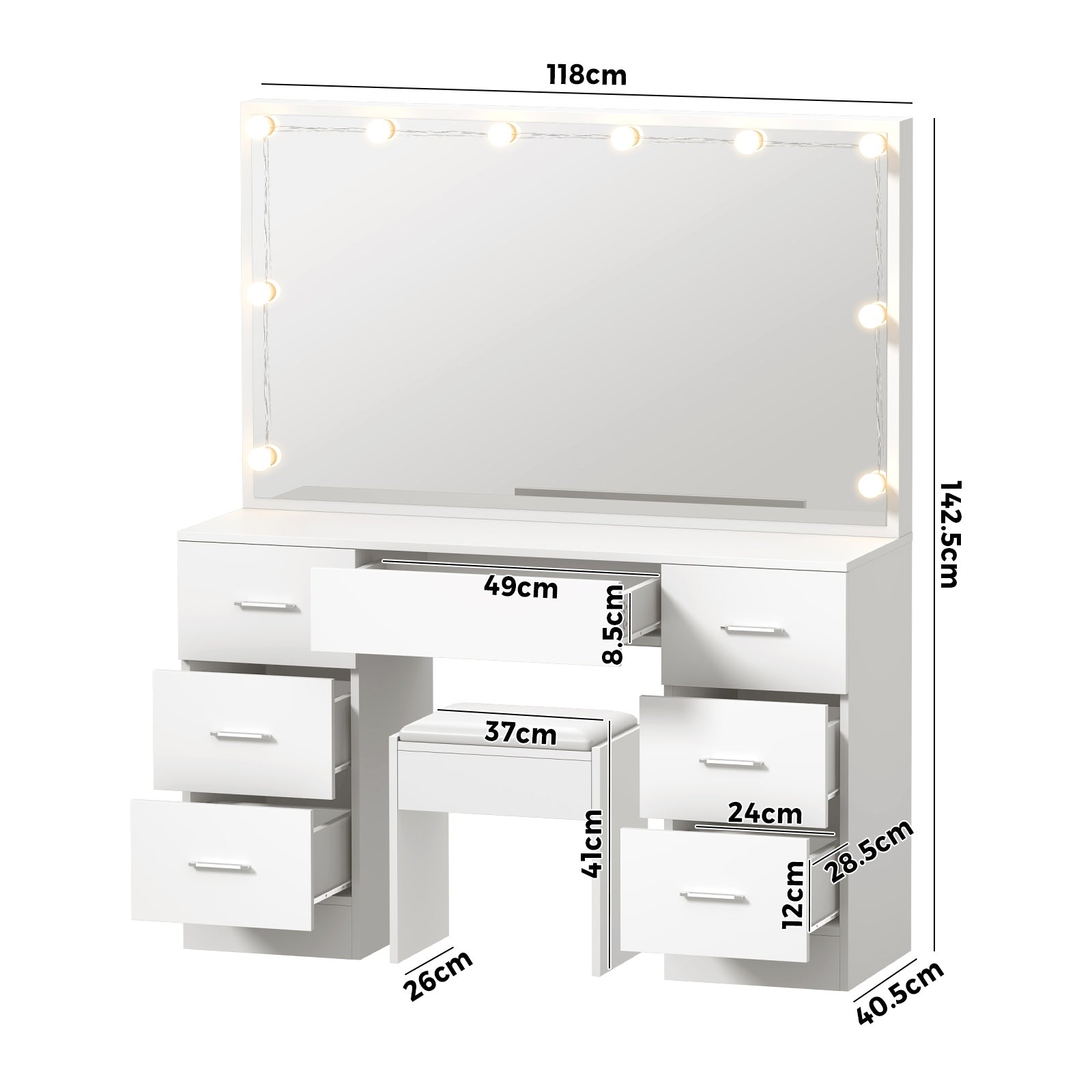 Oikiture Dressing Table Large Makeup Mirror Vanity Desk 10 LED Bulbs White - Sunyee