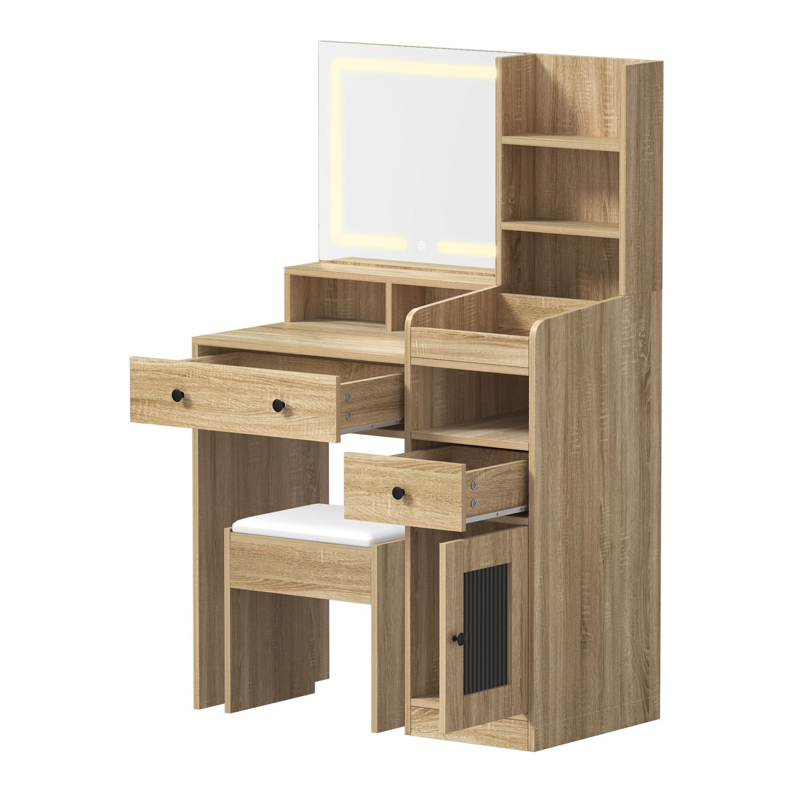 Oikiture Dressing Table Stool Set Makeup Mirror LED Light Vanity Desk Natural - Sunyee