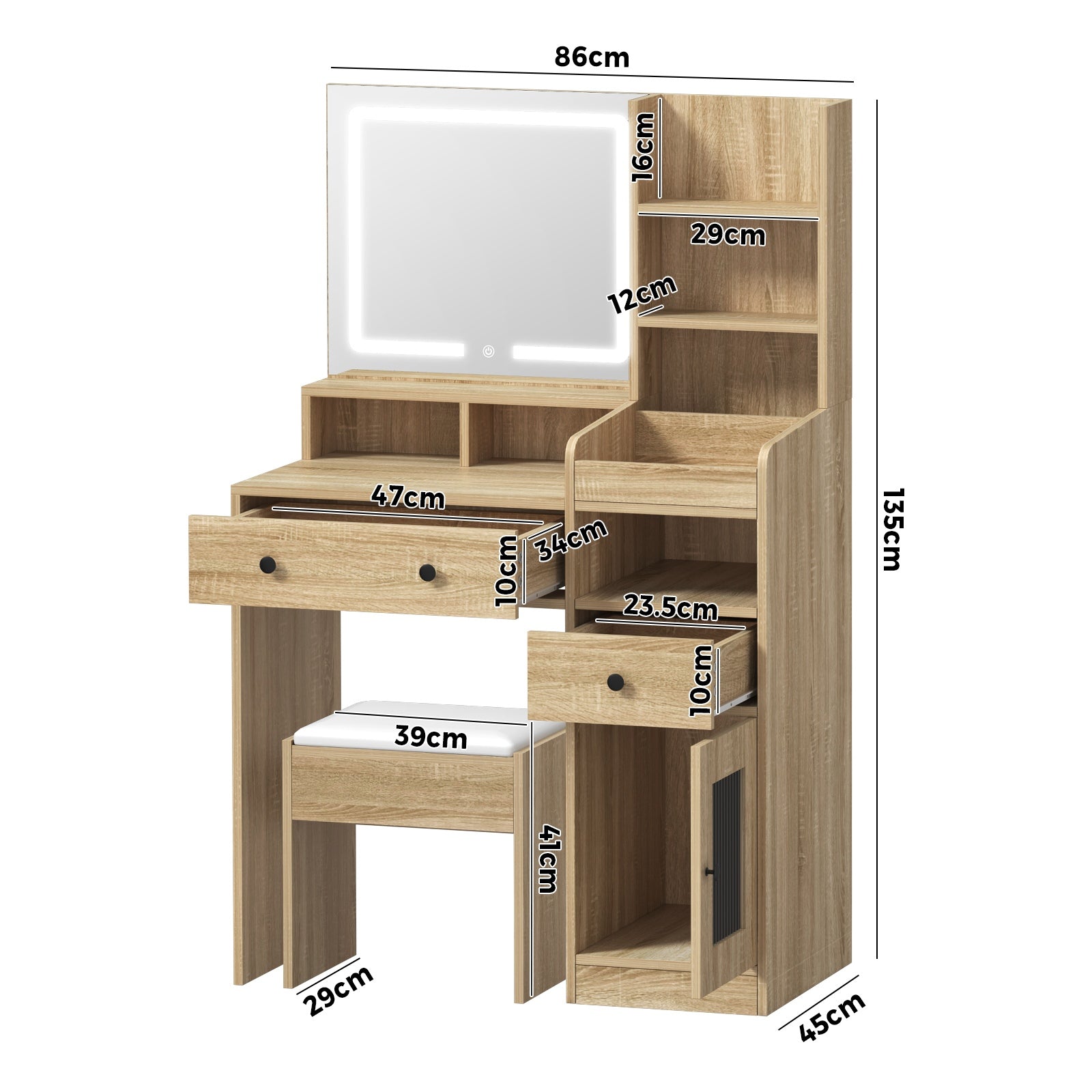 Oikiture Dressing Table Stool Set Makeup Mirror LED Light Vanity Desk Natural - Sunyee