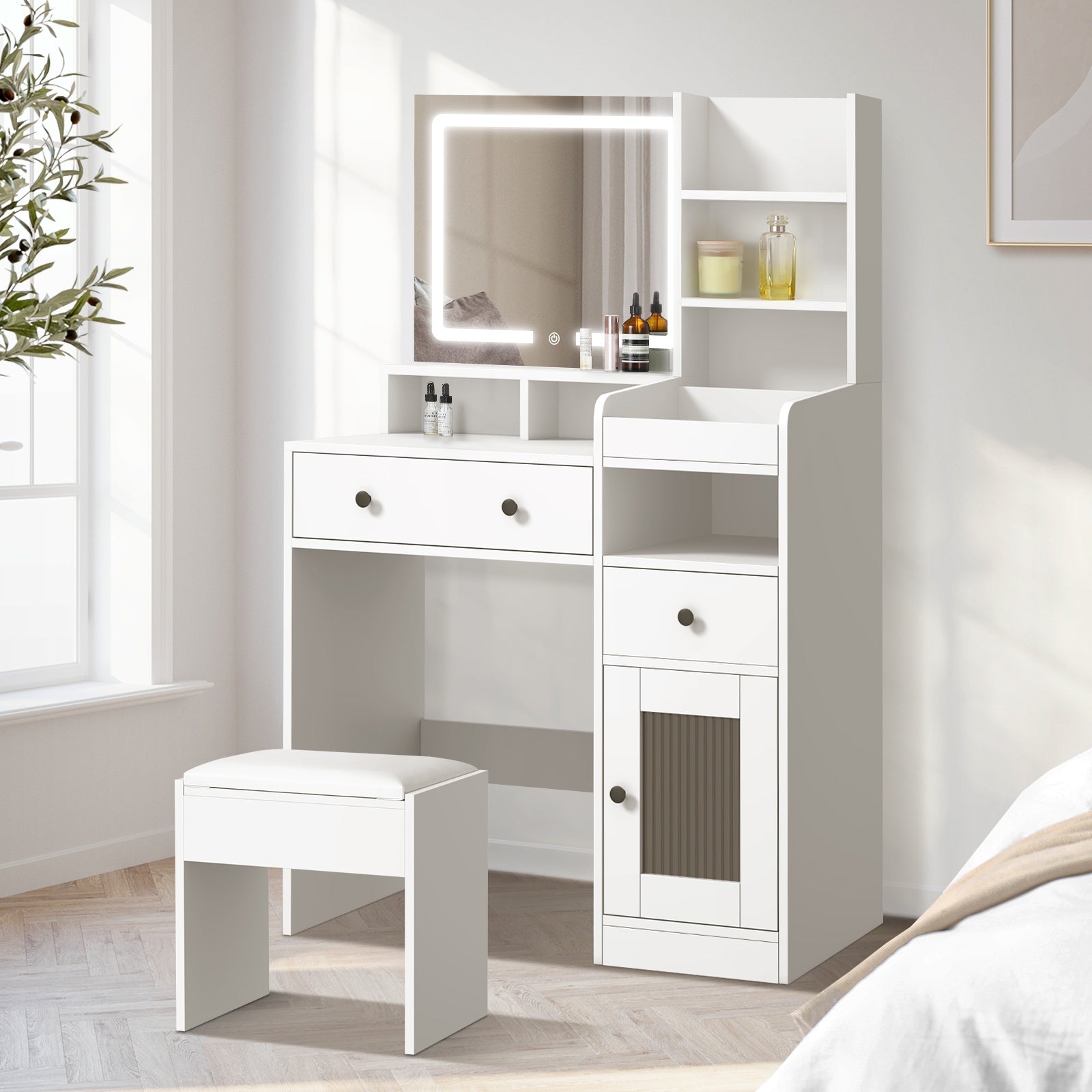 Oikiture Dressing Table Stool Set Makeup Mirror LED Light Vanity Desk White - Sunyee