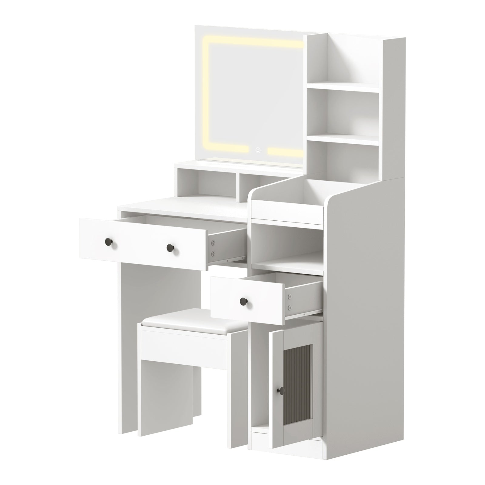 Oikiture Dressing Table Stool Set Makeup Mirror LED Light Vanity Desk White - Sunyee