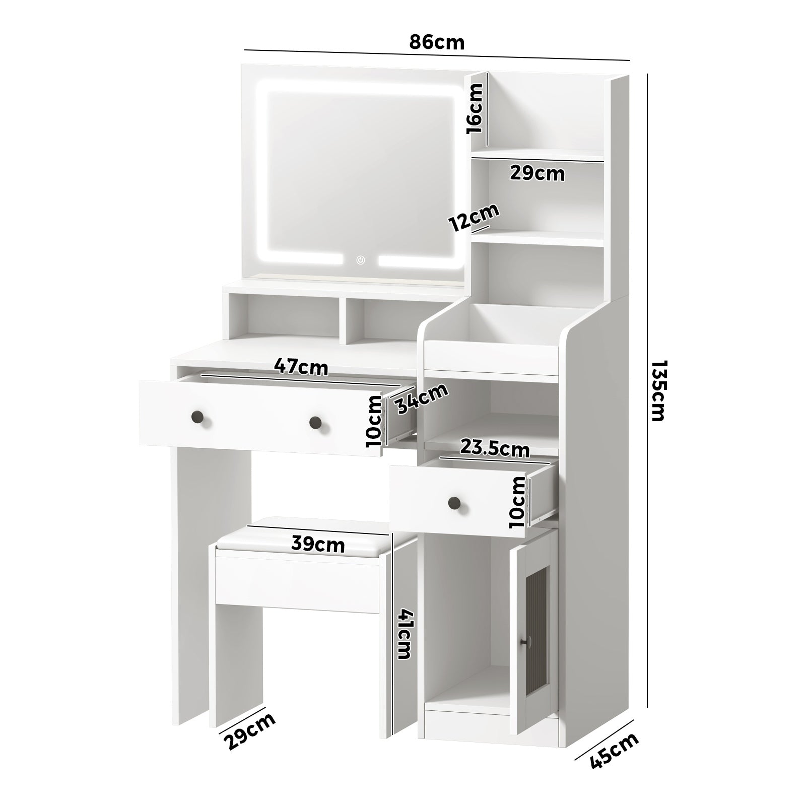 Oikiture Dressing Table Stool Set Makeup Mirror LED Light Vanity Desk White - Sunyee
